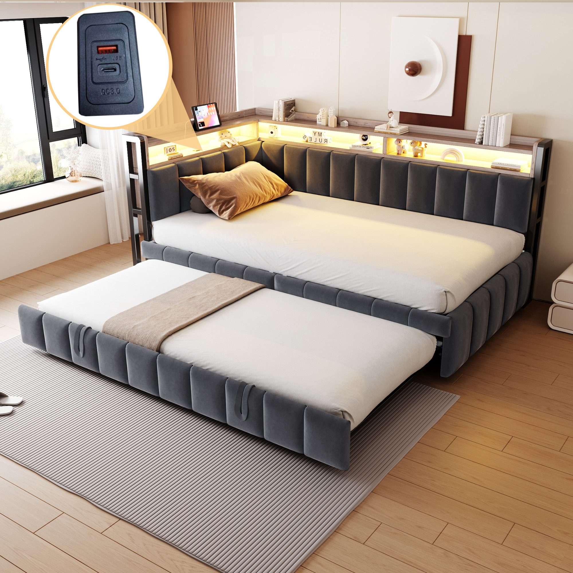 Daybett 90x200cm Schlafsofa mit LED-Beleuchtung & USB-Anschluss