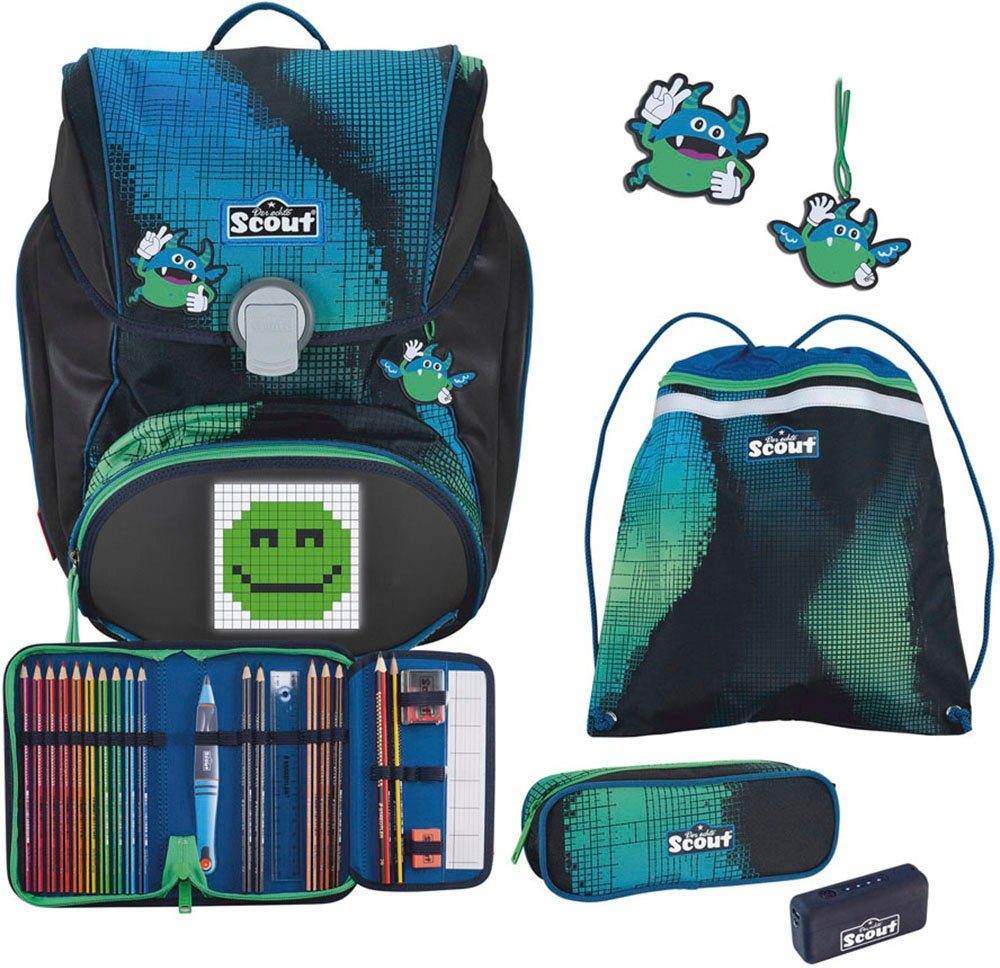 Scout Schulranzen Alpha Movie Star, mit LED-Display, Blue Pixel (Set, 4-tlg), mit Powerbank, enthält recyceltes Material