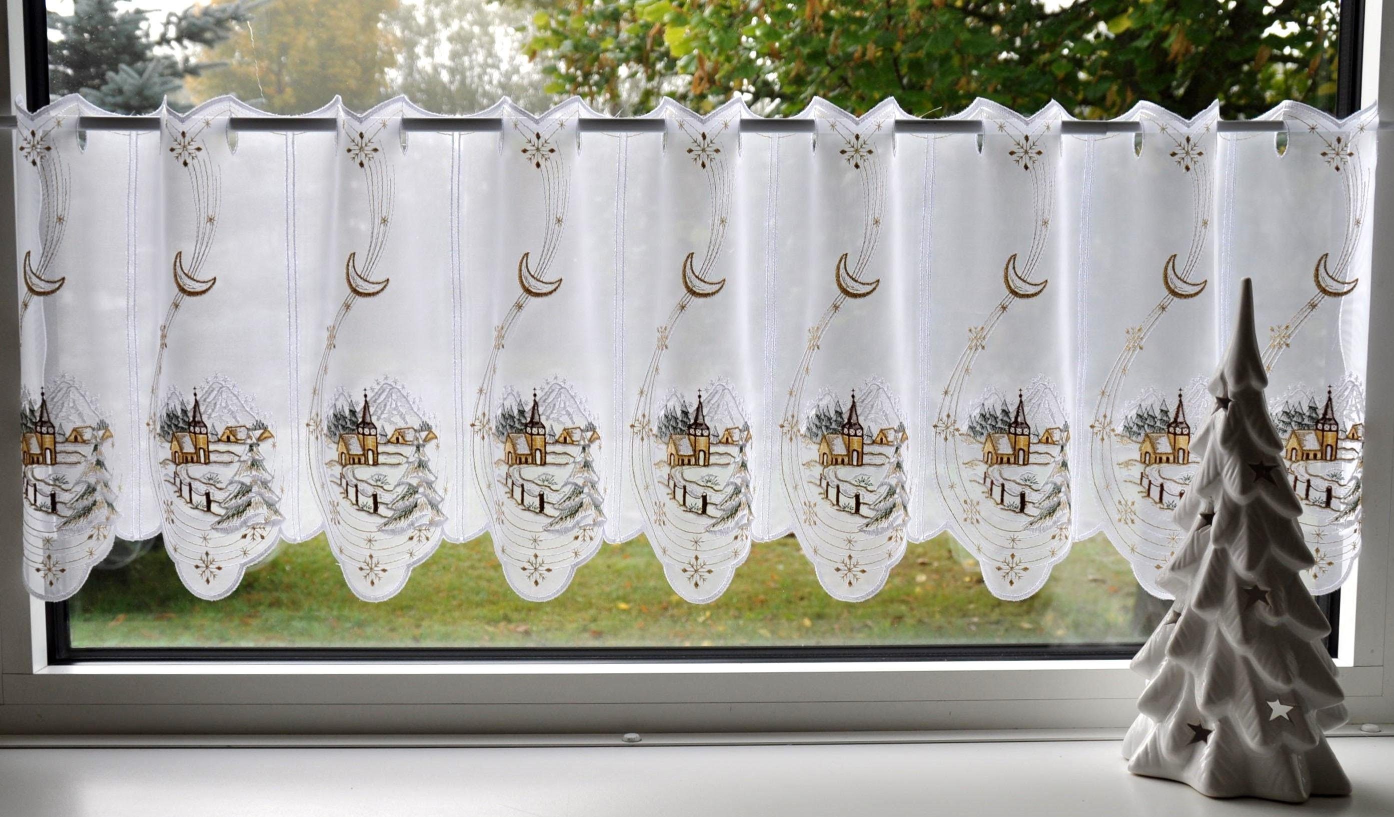 Stickereien Plauen Scheibengardine Winterlandschaft, Stangendurchzug (1 günstig online kaufen