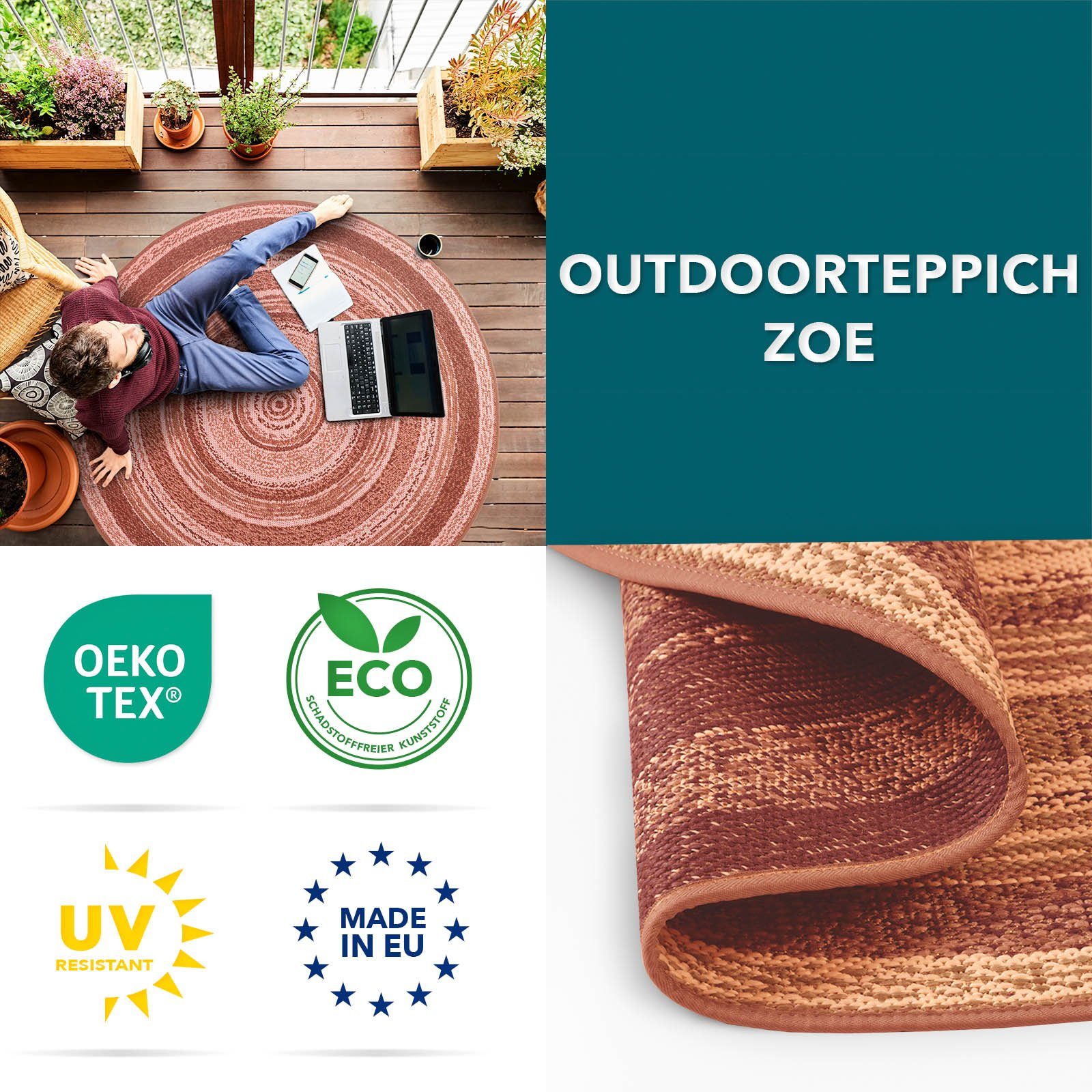 7 100% Höhe: & In- mm, Kubus, geeignet, Outdoor Outdoorteppich pflegeleicht, Balkon, Rund, Leyla, Polypropylen, Terrasse