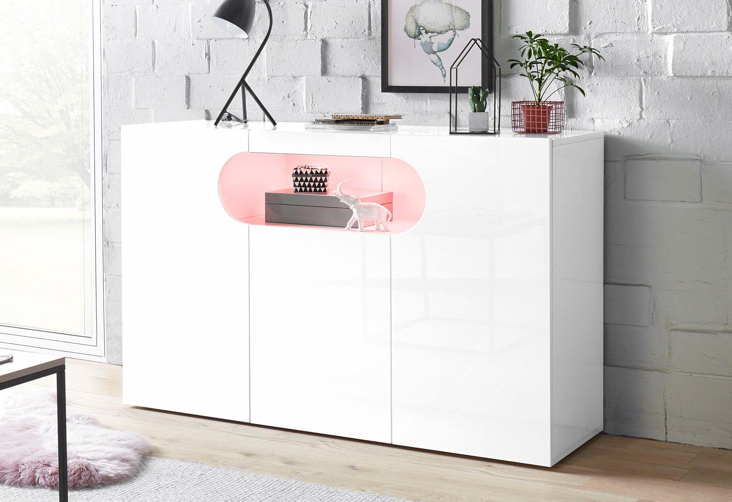 INOSIGN Sideboard Real,Vitrine,Kommode,Schrank,Breite 130 cm komplett hochglanz lackiert, mit 3Türen davon 2 abgerundet, die ein ovales offenes Fach bilden