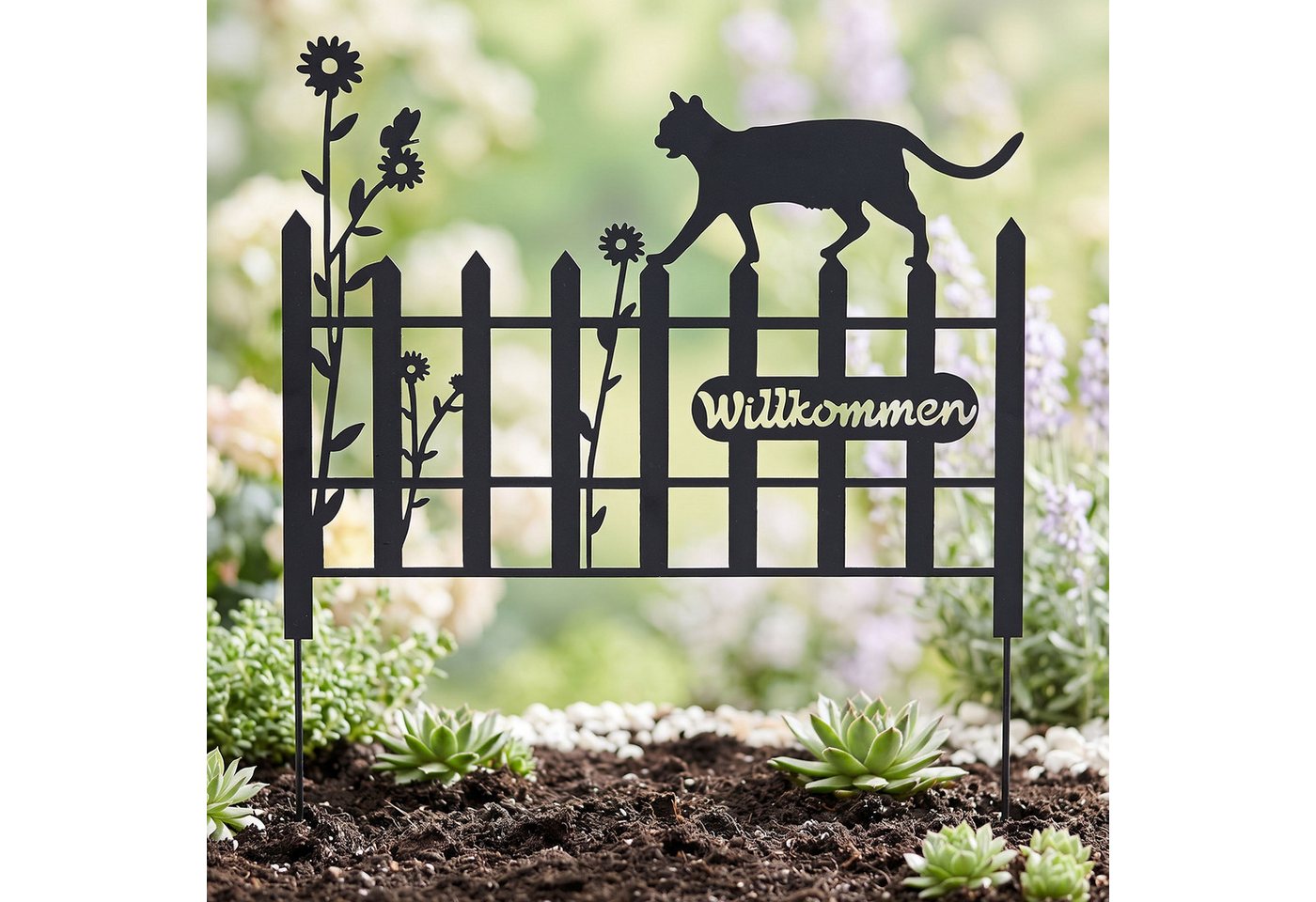 Levandeo® Gartenstecker Gartenstecker Metall Katze 37x40cm Garten Zaun Schwarz Willkommen Gart