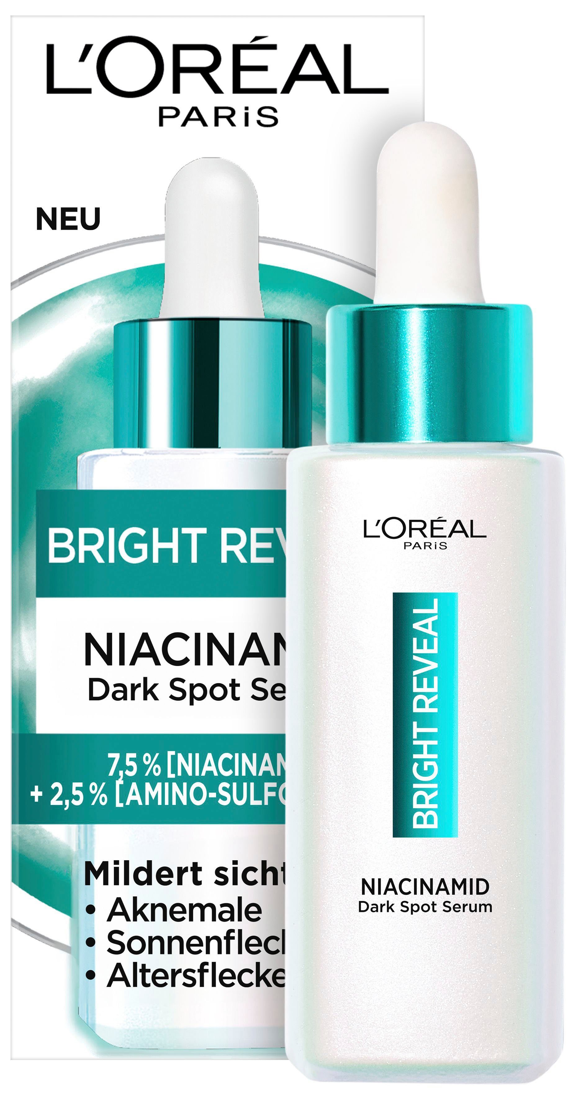 L'ORÉAL PARIS Gesichtsserum BRIGHT REVEAL DARK SPOT NIACINAMID SERUM, hilft Pigment-Sonnen- und Altersflecken sowie Aknemale zu mildern
