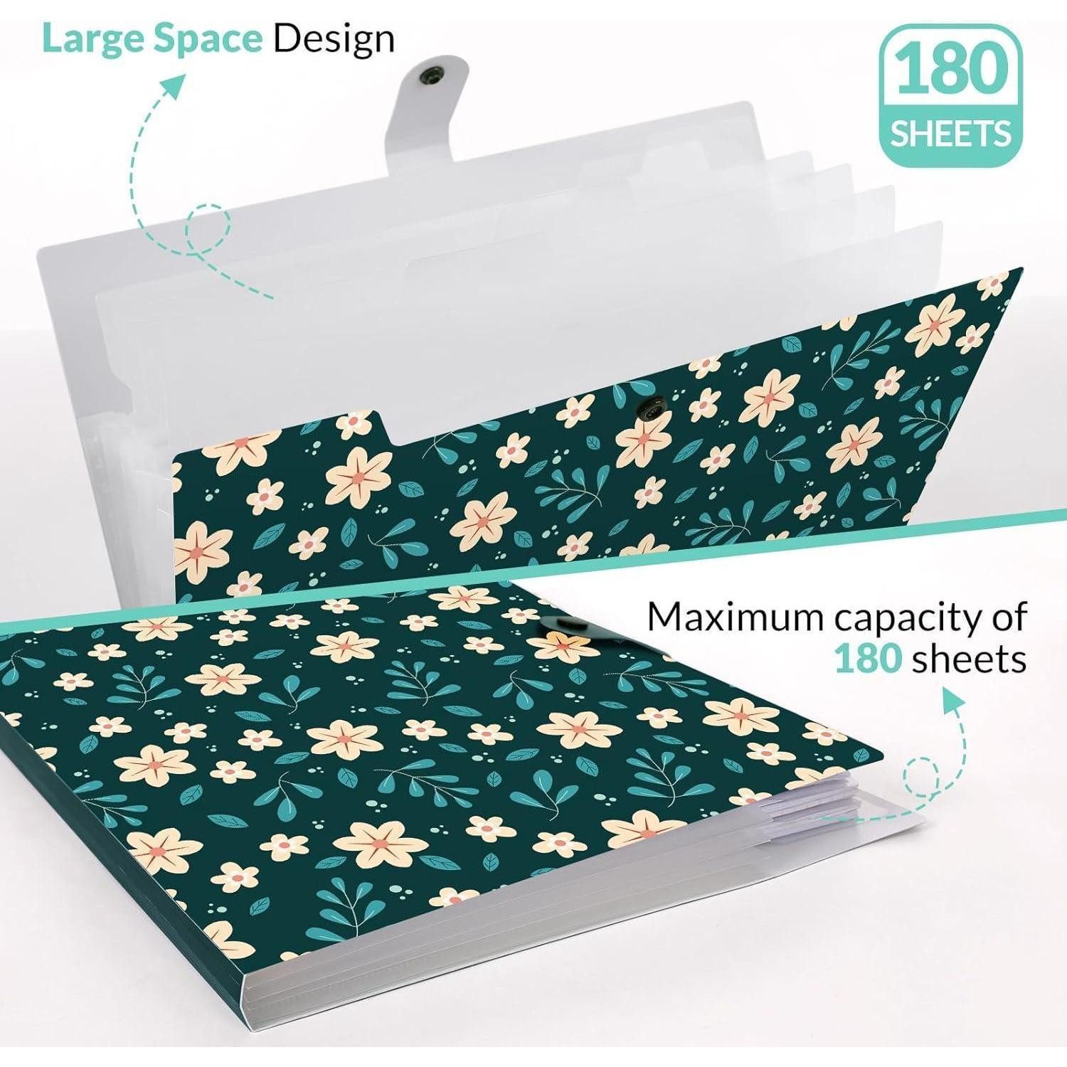 LuxusKollektion Fächermappe Dokumentenmappe Fächermappe Blumenmuster Organizer A4 6 Tasche pine