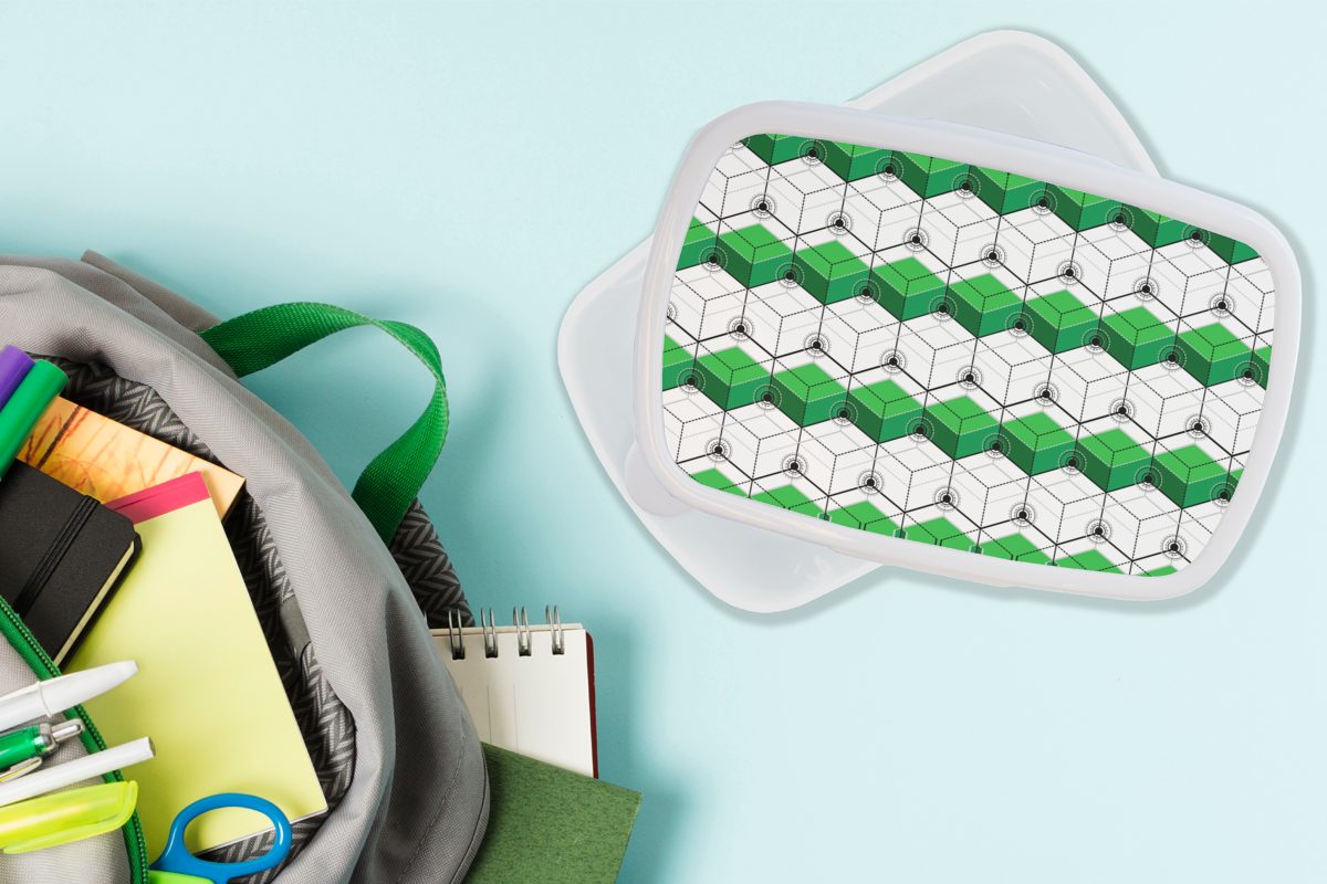 MuchoWow Lunchbox Blöcke - Muster und Kunststoff, weiß Erwachsene, Jungs Brotdose, Kinder - (2-tlg), für Mädchen Grün, Brotbox 3D und für 