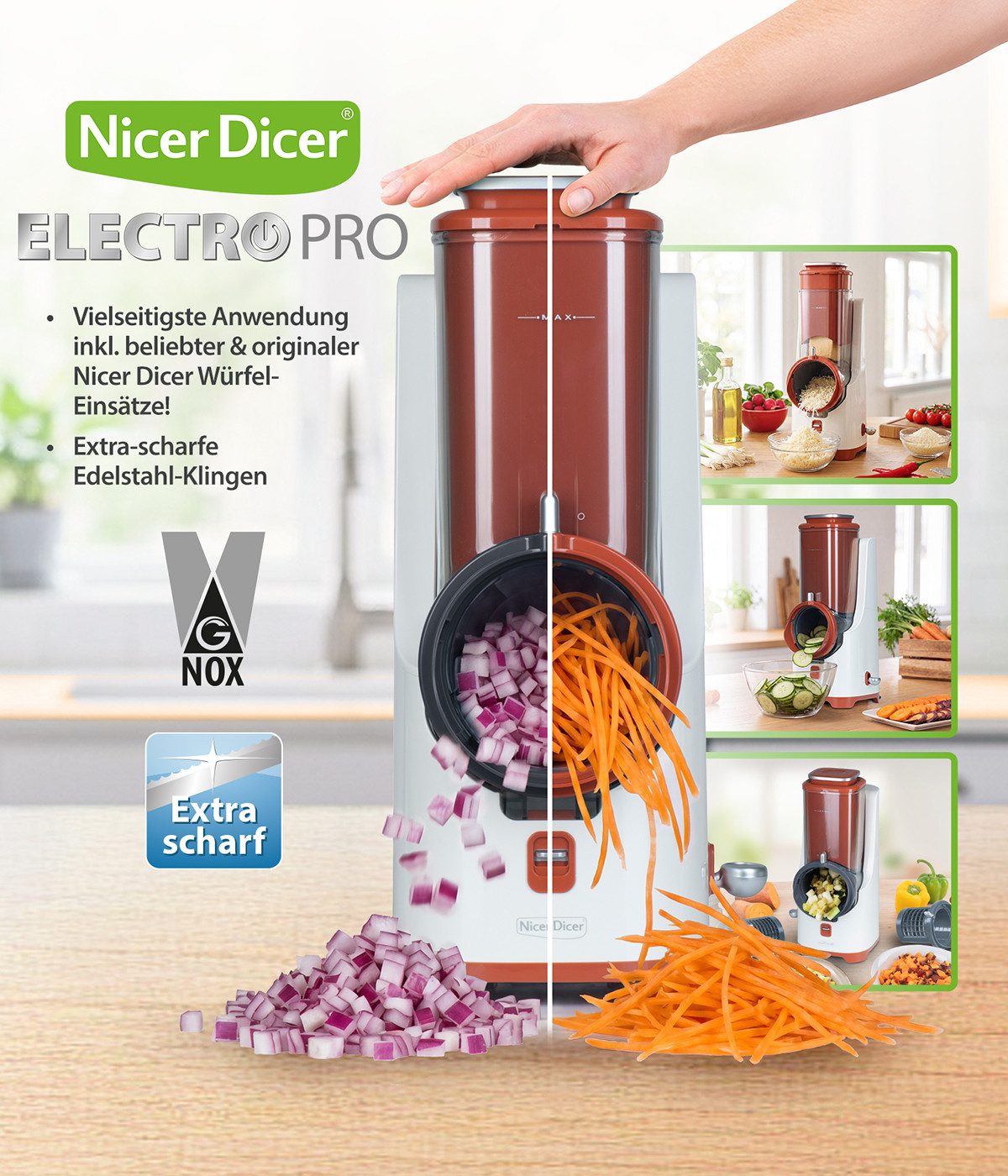 Genius Gemüseschneider Nicer Dicer Electro PRO Set 32-tlg., terracotta, Gemüseschneider, 80 W, Präzise und gleichmäßige Ergebnisse in Sekundenschnelle – Bild 3 von 5