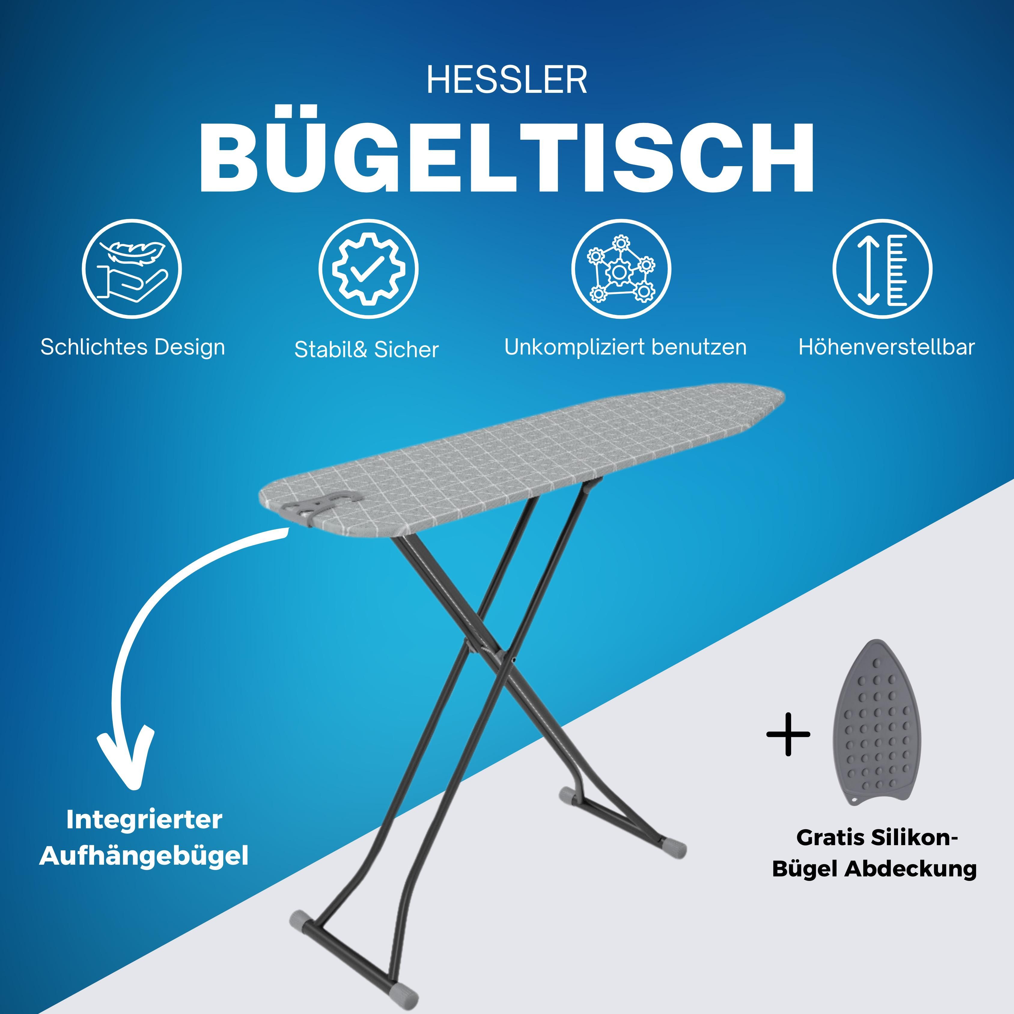 BoGi Bügelbrett Heßler Höhenverstellbares Bügelbrett mit Silikonablage & Haken, Kompakt, sicher – das perfekte Bügelbrett für Haushalt & Alltag
