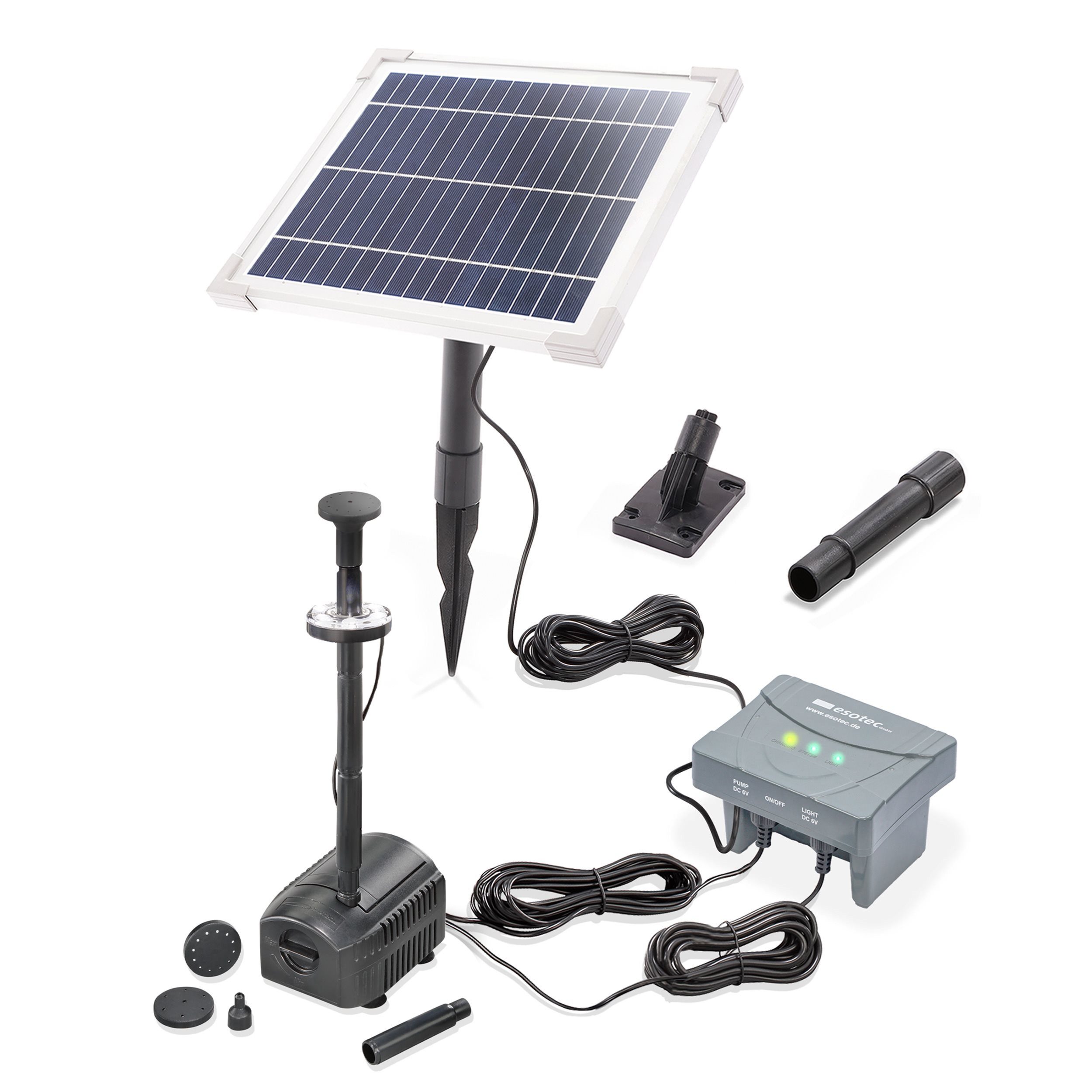 esotec Solarpumpe Teichpumpenset 6/230, LED + LiFePo4 Akku 6,4V/4Ah + Solarmodul 101935 (Komplettset)