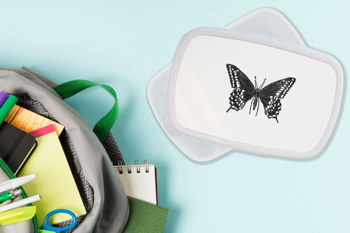 MuchoWow Lunchbox Schmetterling für für Kunststoff, Kinder - Mädchen Retro - Tiere Brotdose, und weiß, Erwachsene, (2-tlg), und Schwarz Brotbox und - Jungs