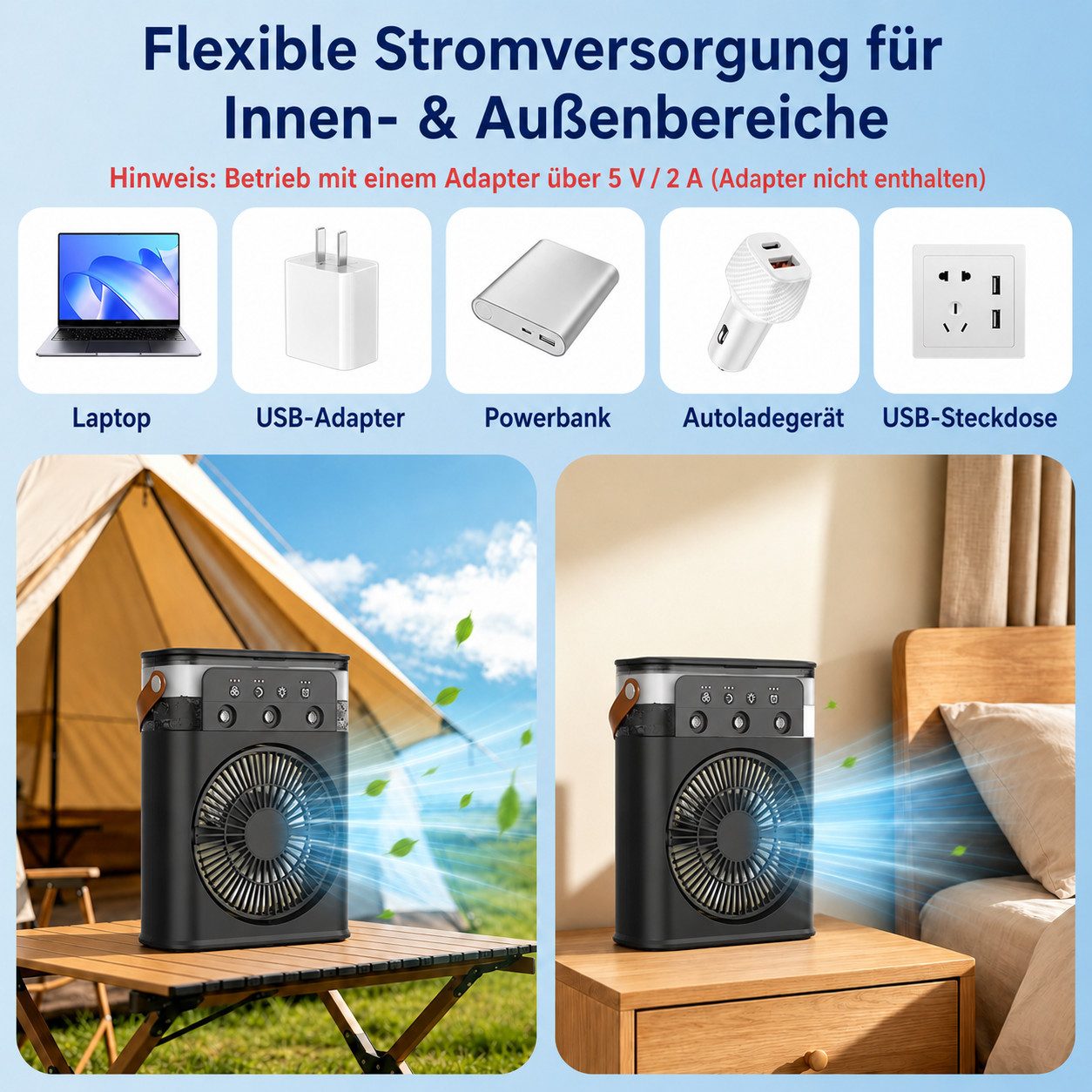 MOPUEA Ventilatorkombigerät Tragbarer Mini Luftkühler mit 600 ml Wassertank 2 Sprühmodi, 3 Geschwindigkeitsstufen 7 LED Farben Timer für Schlafzimmer und Büro