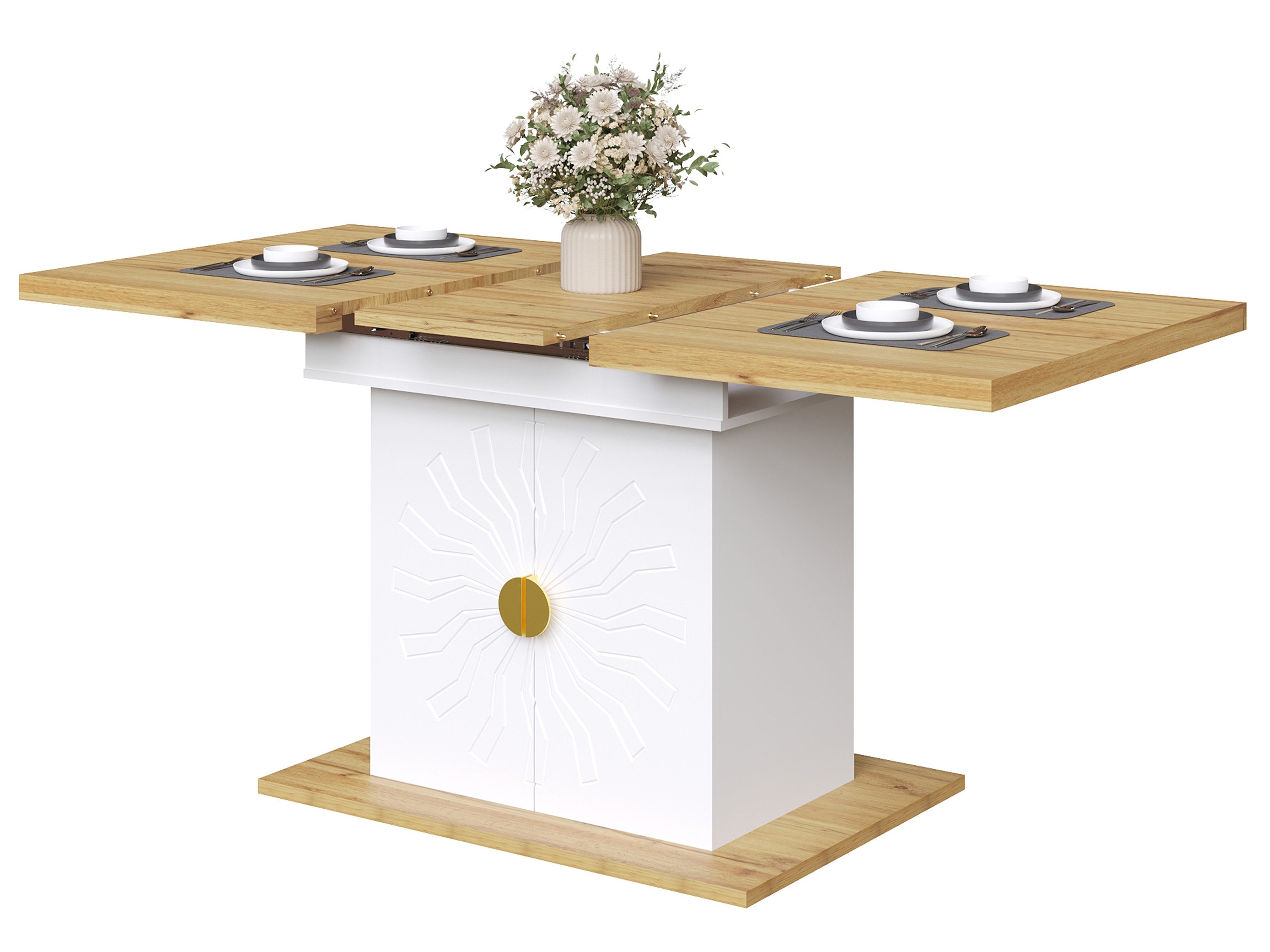 SeedWave Esstisch Ausziehbare Küchentisch mit 110-140cm Tischplatte, 2 Schranktüren, Säulentisch inkl. 2 geschlossene Staufächer