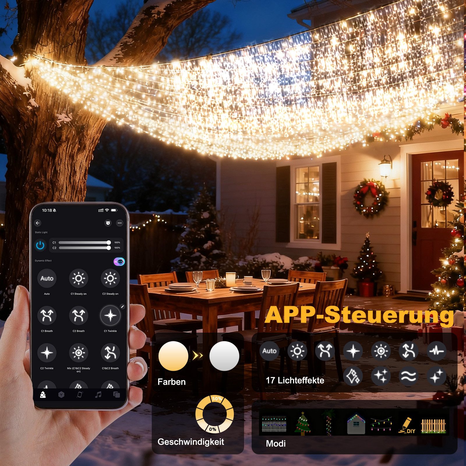 Circlio LED-Lichtervorhang 5-45m LED Eiszapfen-Lichterkette Außen mit App, Timer & Fernbedienung, 17 Modi, Musikmodus, Timer, IP65, Warmweiß/Kaltweiß/Bunt – Bild 4 von 5