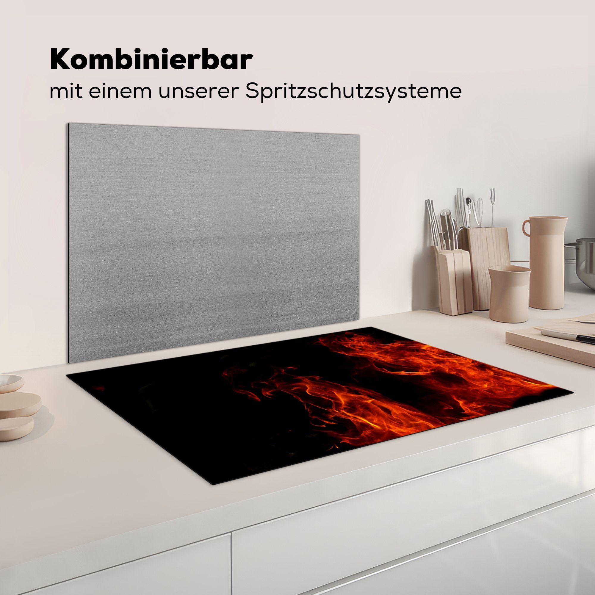 die Hintergrund, Schutz Herdblende-/Abdeckplatte Vinyl, (1 Flammen cm, küche, auf tlg), schwarzem MuchoWow für 81x52 Induktionskochfeld Große Ceranfeldabdeckung