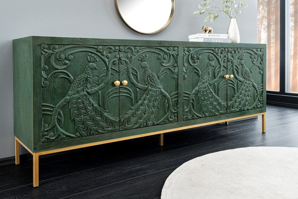 riess-ambiente Sideboard PEACOCK 175 cm grün / gold – Massivholz, Antik-Optik, 3D-Schnitzerei (Einzelartikel, 1 St), massiver Schrank mit Pfau-Design – ideal für Wohn- und Esszimmer