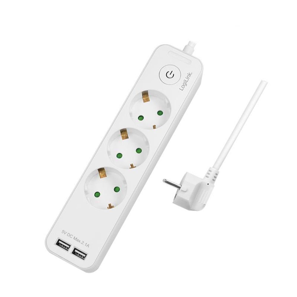 LogiLink 3-fach mit Schalter, 3x CEE 7/3 + 2x USB Port 1,5 m Steckdosenleiste (Ein- / Ausschalter, Schalterbeleuchtung, USB-Anschlüsse), weiß