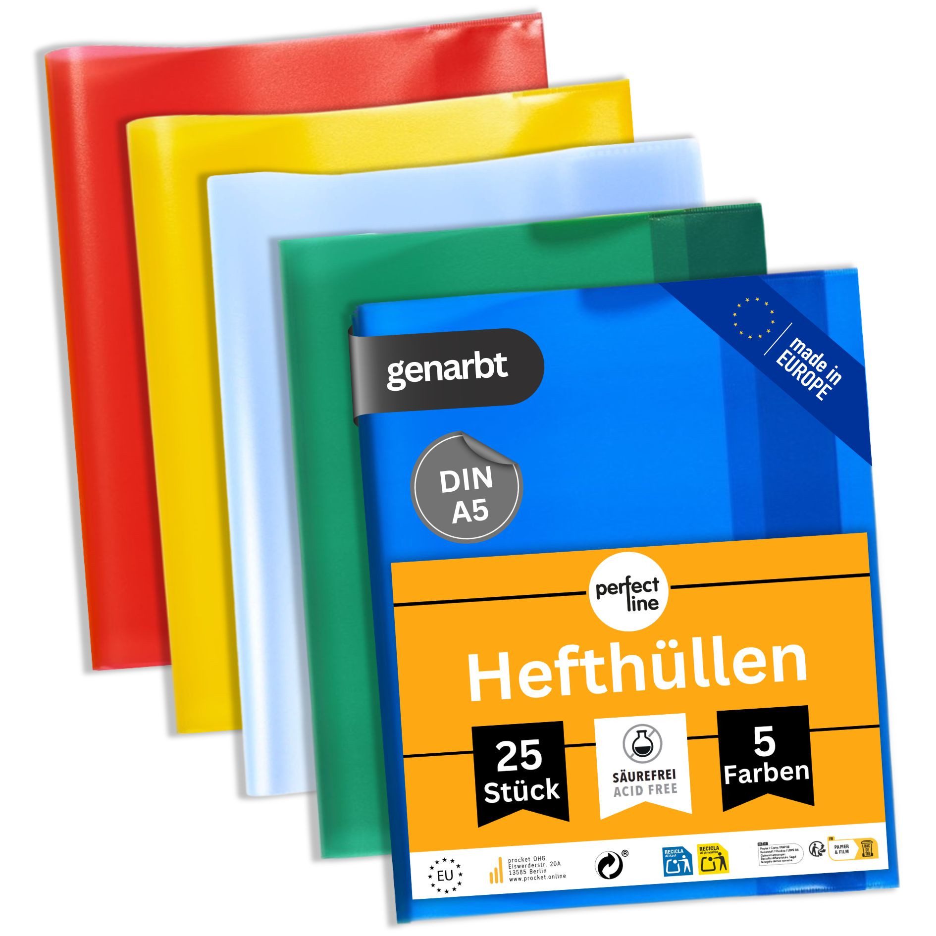 perfect line Schulheft 25 Hefthüllen DIN A5 bunt, 5 Farben, genarbt, 90 my, PP, dokumentenecht, Made in EU