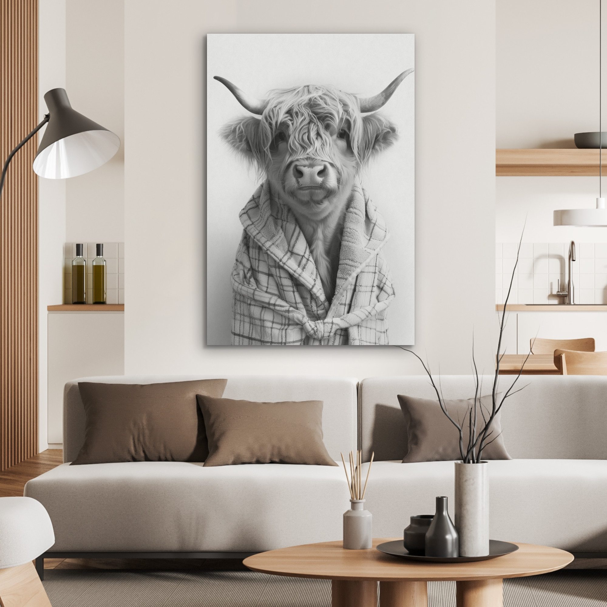 MuchoWow Gemälde Scottish Highlander - Kuh - Bademantel - Schwarz und Weiß, Fotodruck (1 St), Akustikbilder PET-Filz, Wandpaneele, Akustikpaneele 60x90 cm
