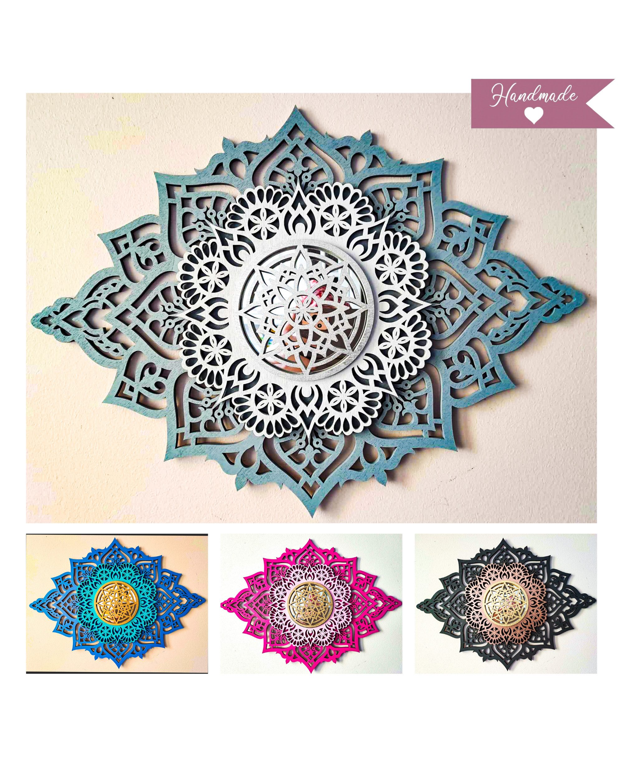 ORNAMENTI Wanddekoobjekt 3D MANDALA, Grosse moderne boho Wanddeko, Holz, 3 Schichten, Spiegel (moderne Deko Anhanger, Yoga Wandsculptur, Holzbild, stilvolle Wanddekoration, Wandpaneel, Ornament, geschnitz Wandrelief), Verzierung fur Zuhause, Wohnzimmer, S