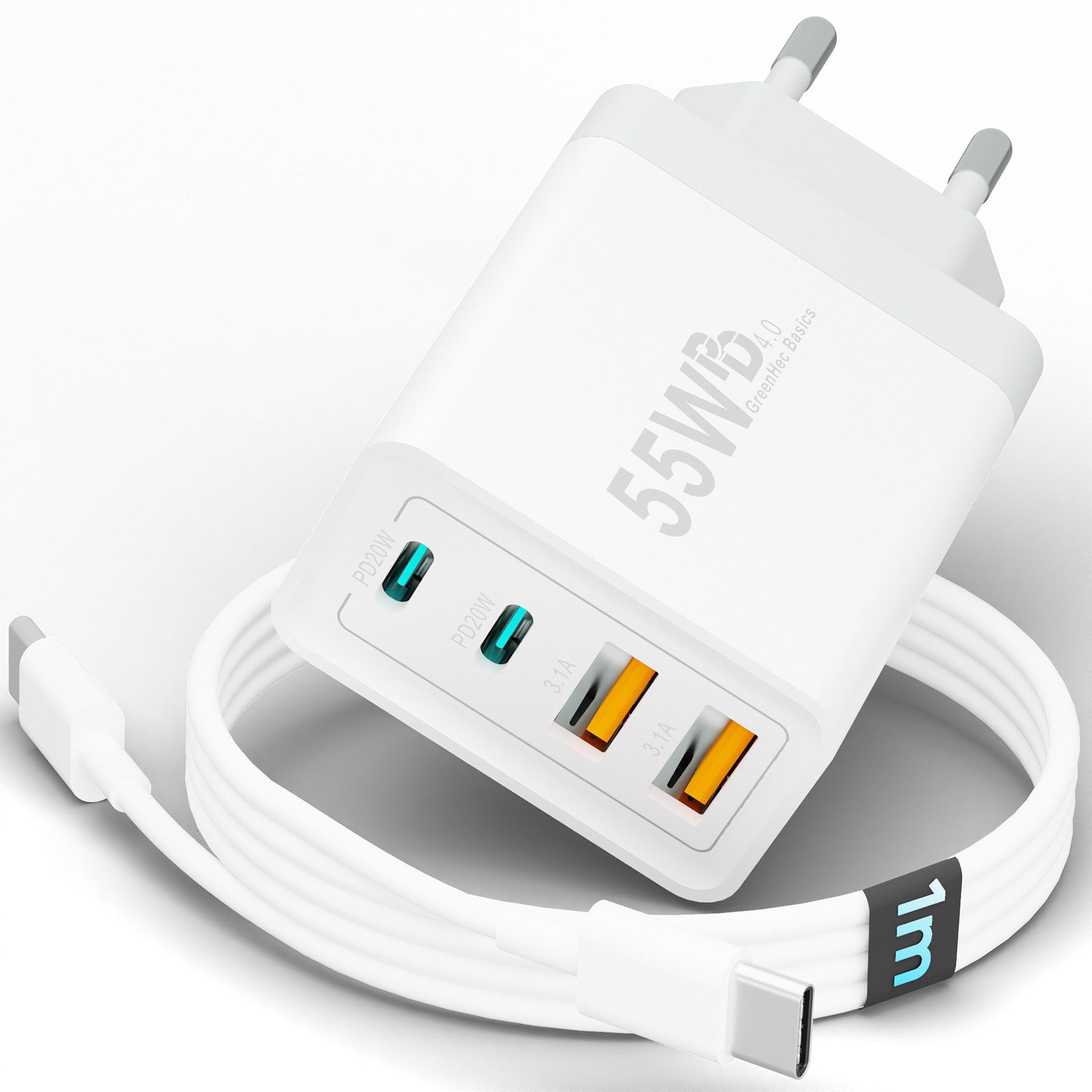 GreenHec Ladegerät USB-C iPhone mehrfach Charger Handy Stecker Adapter Netzteil Schnelllade-Gerät (0,00 mA, set, 55w Quatro Charger, iPhone 17 16 15 14 13 12 iPad, Schnell, 55w Multiport, Kabel, 2er Pack)