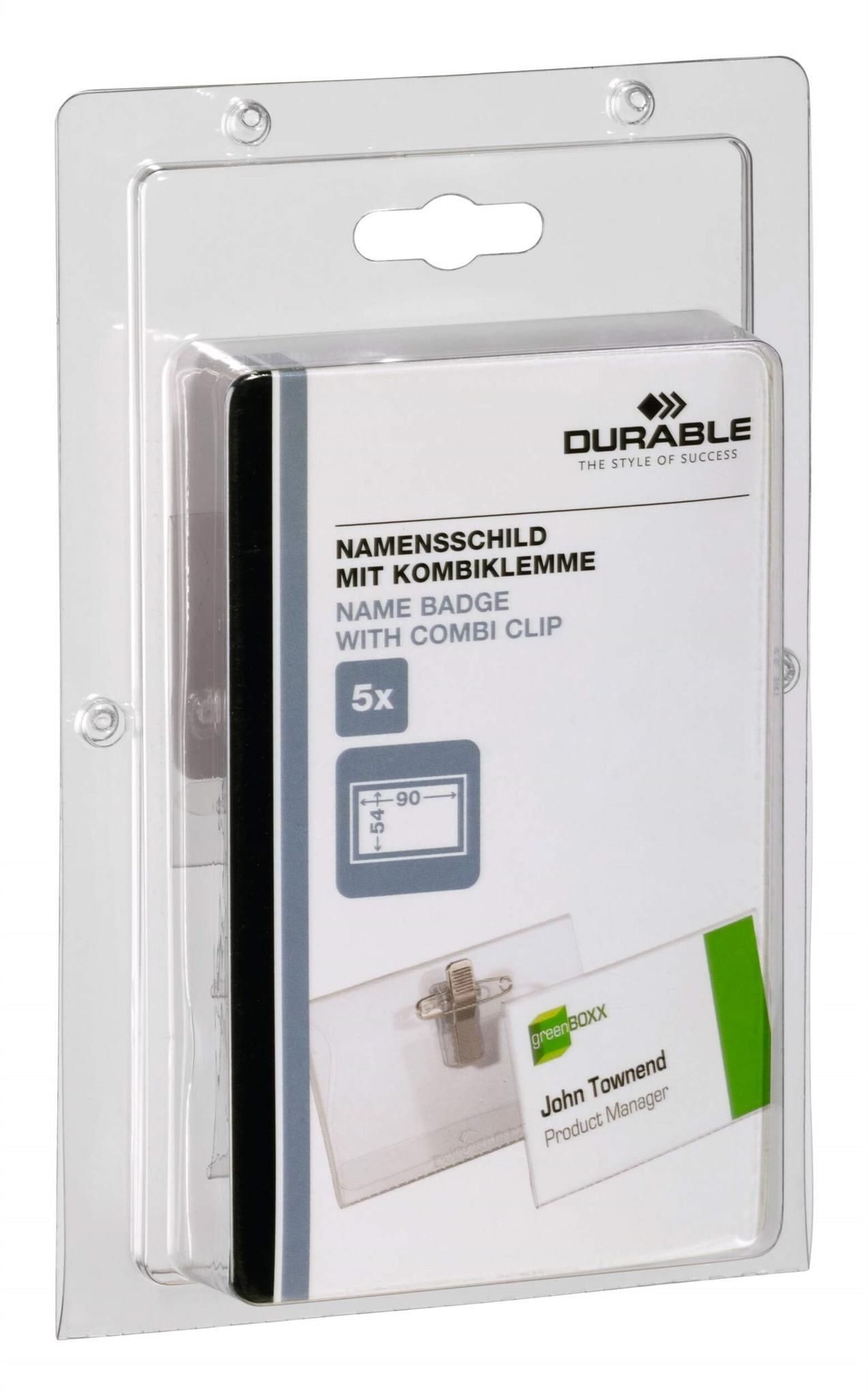 DURABLE Etikett Durable Namensschild 54x90mm tr 5St mit Kombiklemme SB Verpackung