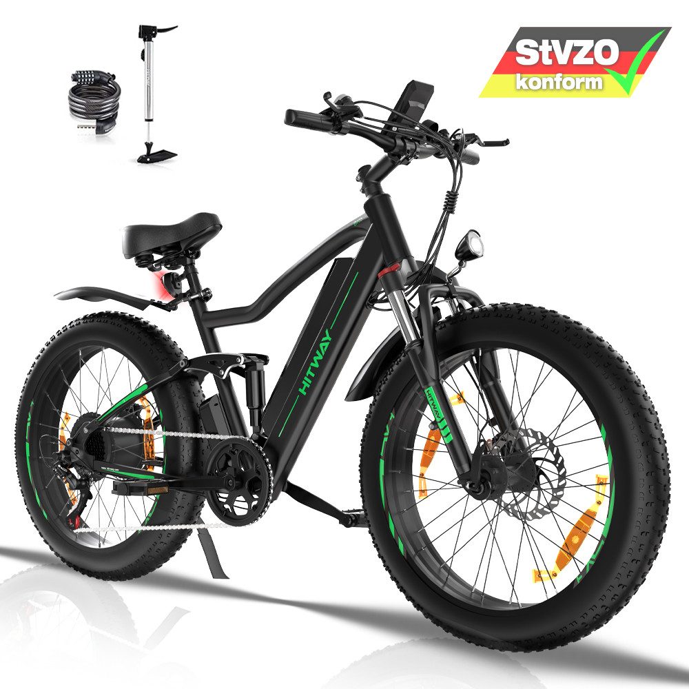 HITWAY E-Bike, 7 Gang, 250W OFF-ROAD Heckmotor, 26" E-Bike Elektrofahrrad 48V15AH E-Mountainbike mit 7 gang Shimano