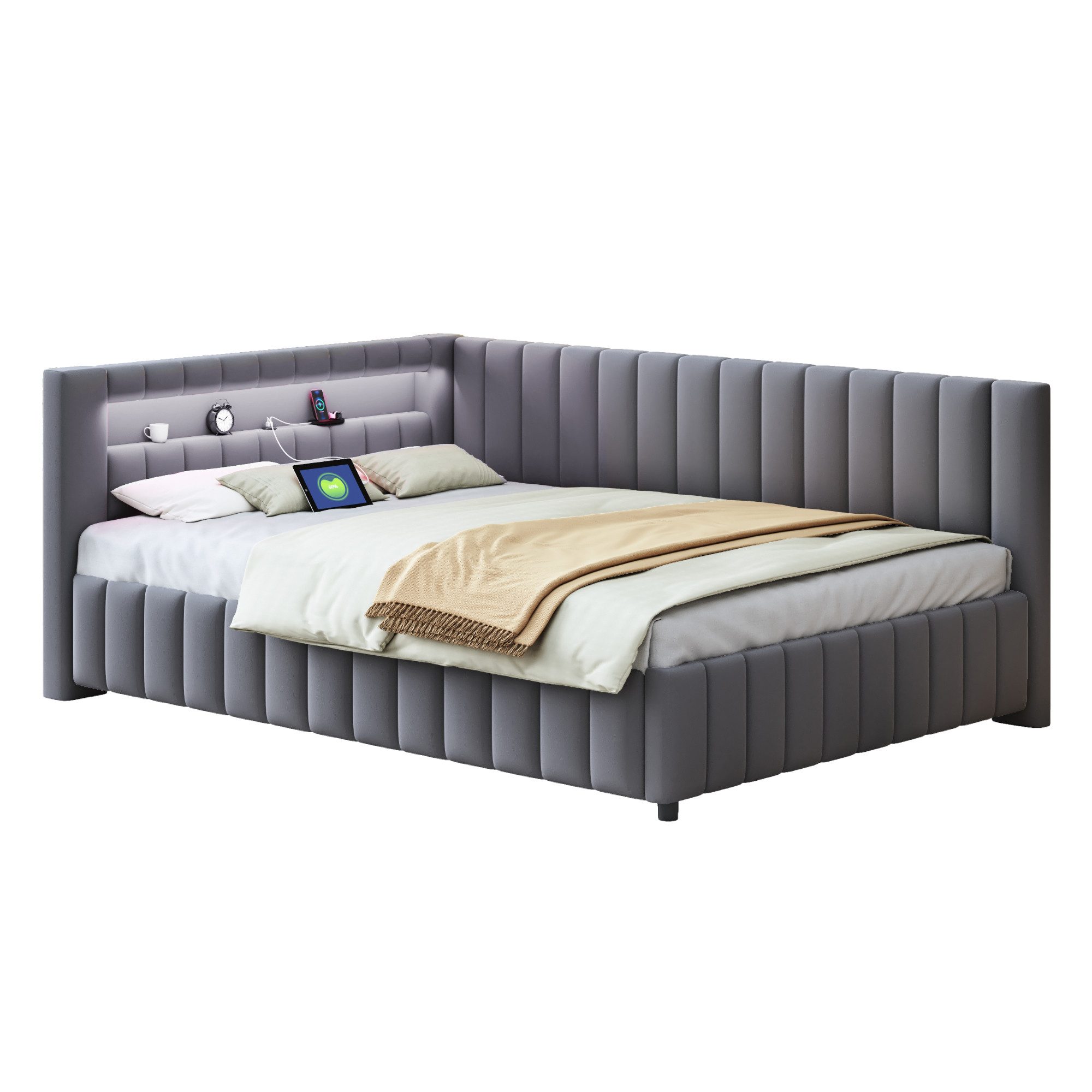 Odikalo Schlafsofa Polsterbett Gepolstertes Samtstoff USB Rückenlehne Kopfteil 140x200cm