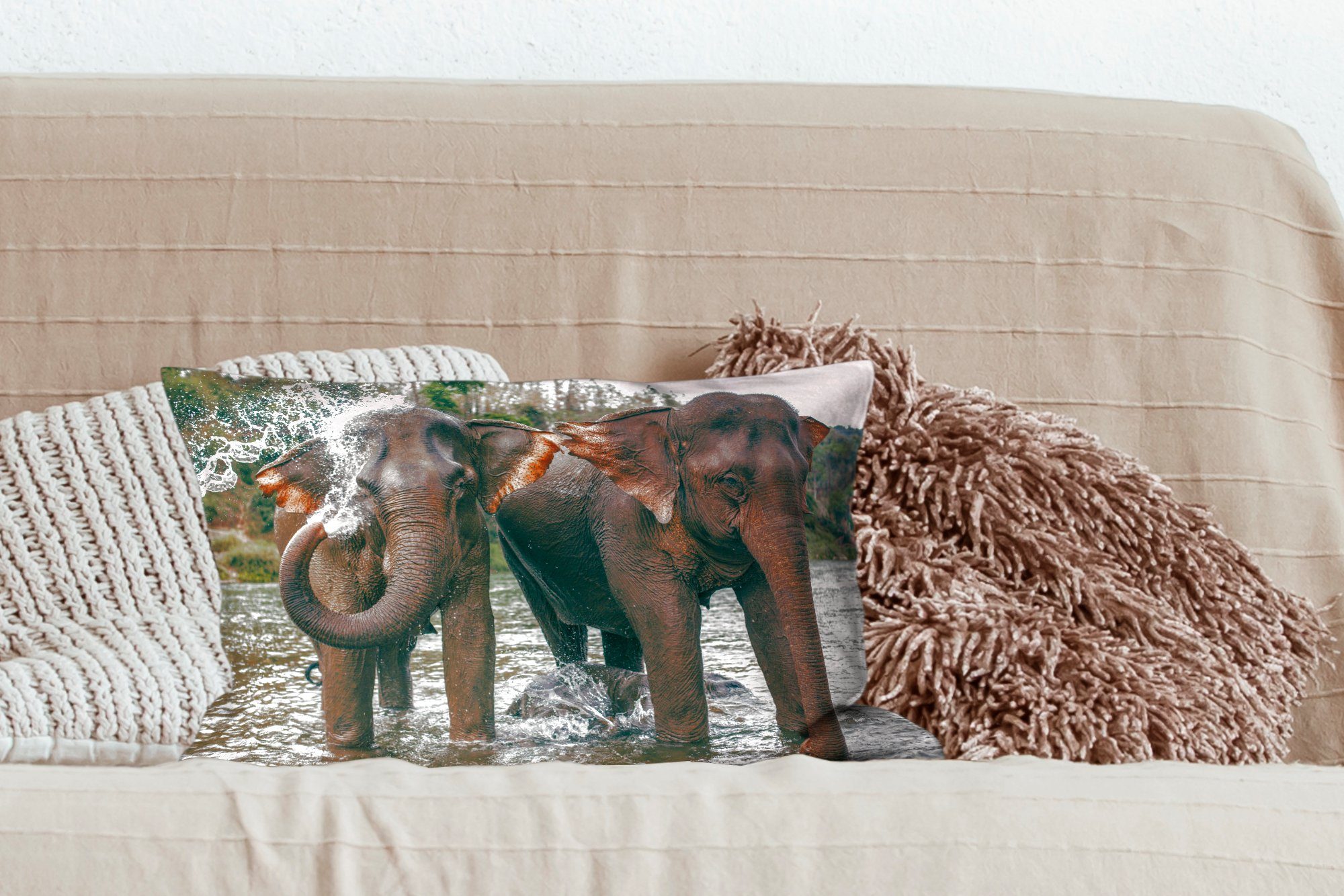 Wasser Dekokissen - Dekoration, Füllung, Dekokissen Fluss, mit Schlafzimmer MuchoWow Elefant Wohzimmer - Zierkissen,