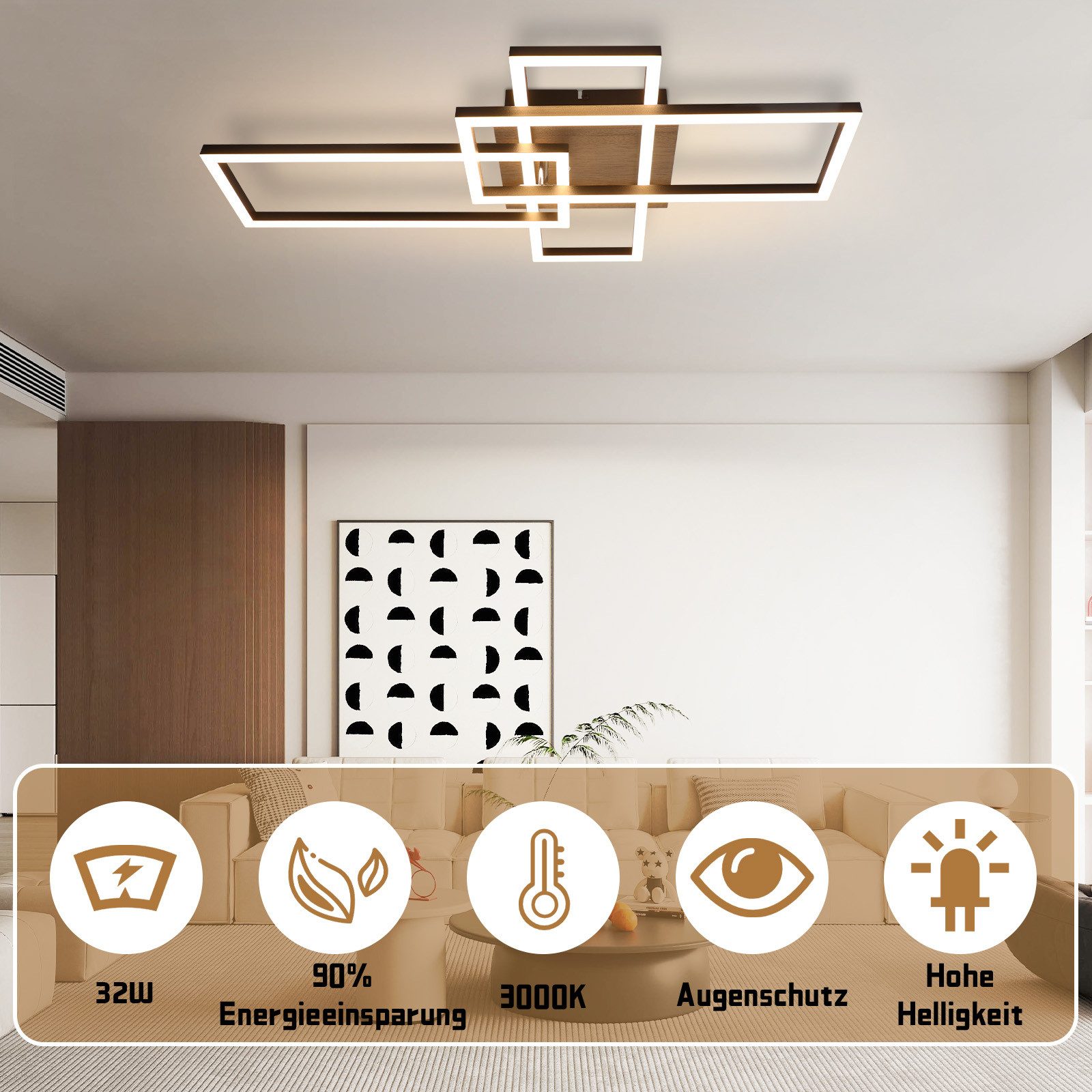 Nettlife LED Deckenleuchte Holz Schwarz 32W 3000K Wohnzimmerlampe Warmweiß günstig online kaufen