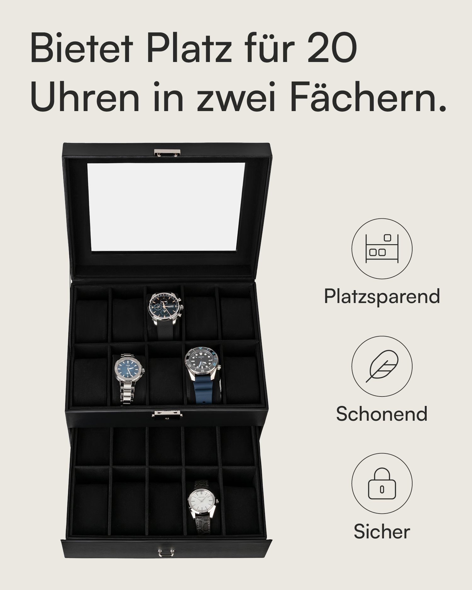 shelfmade Uhrenbox Uhren Aufbewahrungskiste Uhrenbox Uhrenkoffer Uhrenkasten für 20 Uhren