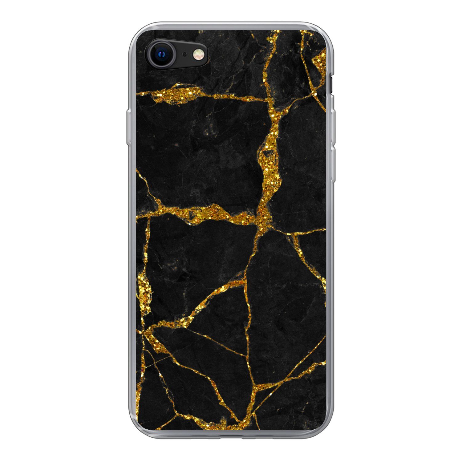 MuchoWow Handyhülle für Apple iPhone 7 Marmor - Gold - Schwarz - Marmoroptik - Glitter, Smartphone-Bumper, Print, Handy Schutzhülle Dünn