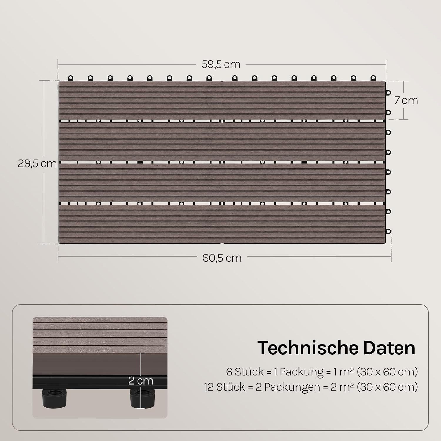 Woltu WPC-Fliesen, 6 St., Terrassendielen Holz-Optik 30x60cm mit klicksystem