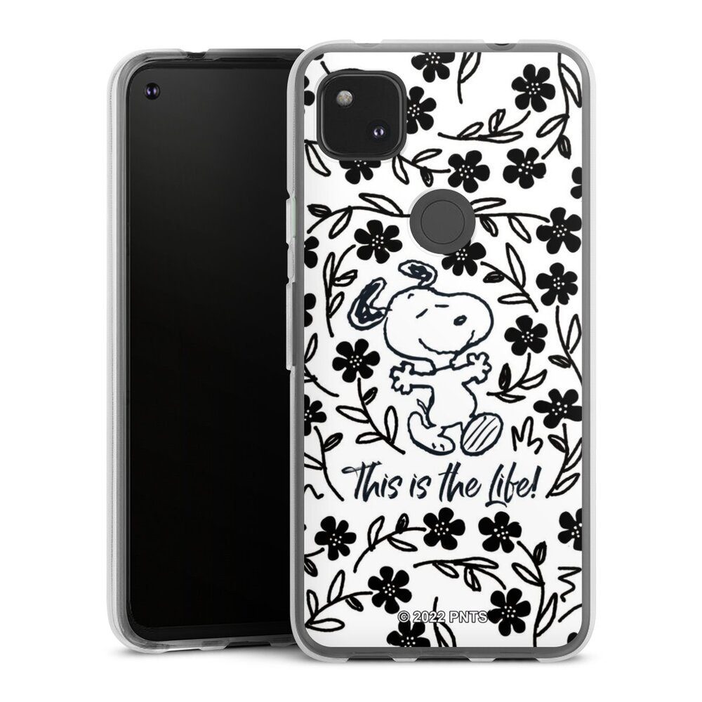 DeinDesign Handyhülle Peanuts Blumen Snoopy Snoopy Black and White This Is The Life, Google Pixel 4a Silikon Hülle Bumper Case Handy Schutzhülle