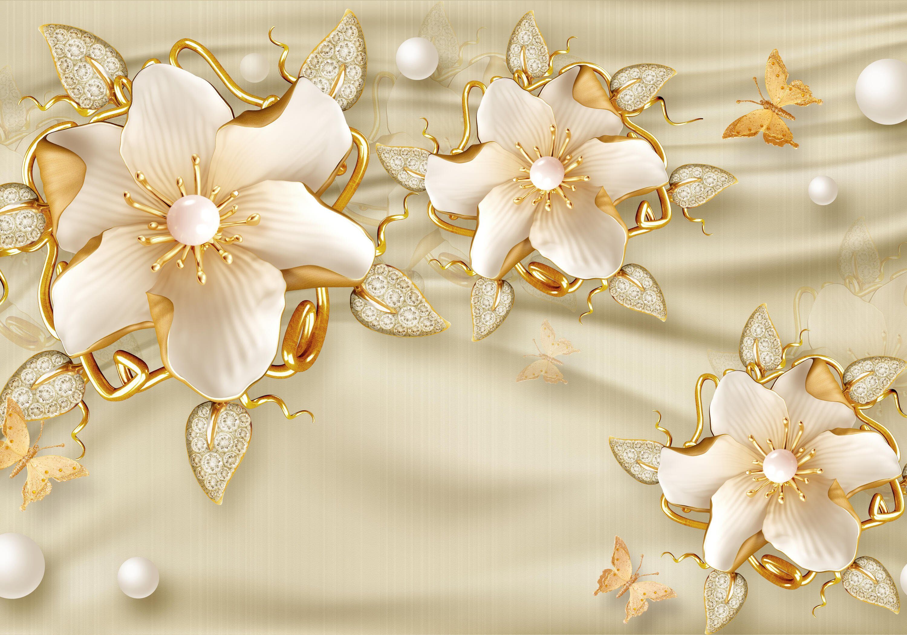 Motivtapete, glatt, wandmotiv24 Perlen, Vliestapete Wandtapete, Schmetterlinge matt, Fototapete Kugeln Blumen 3D