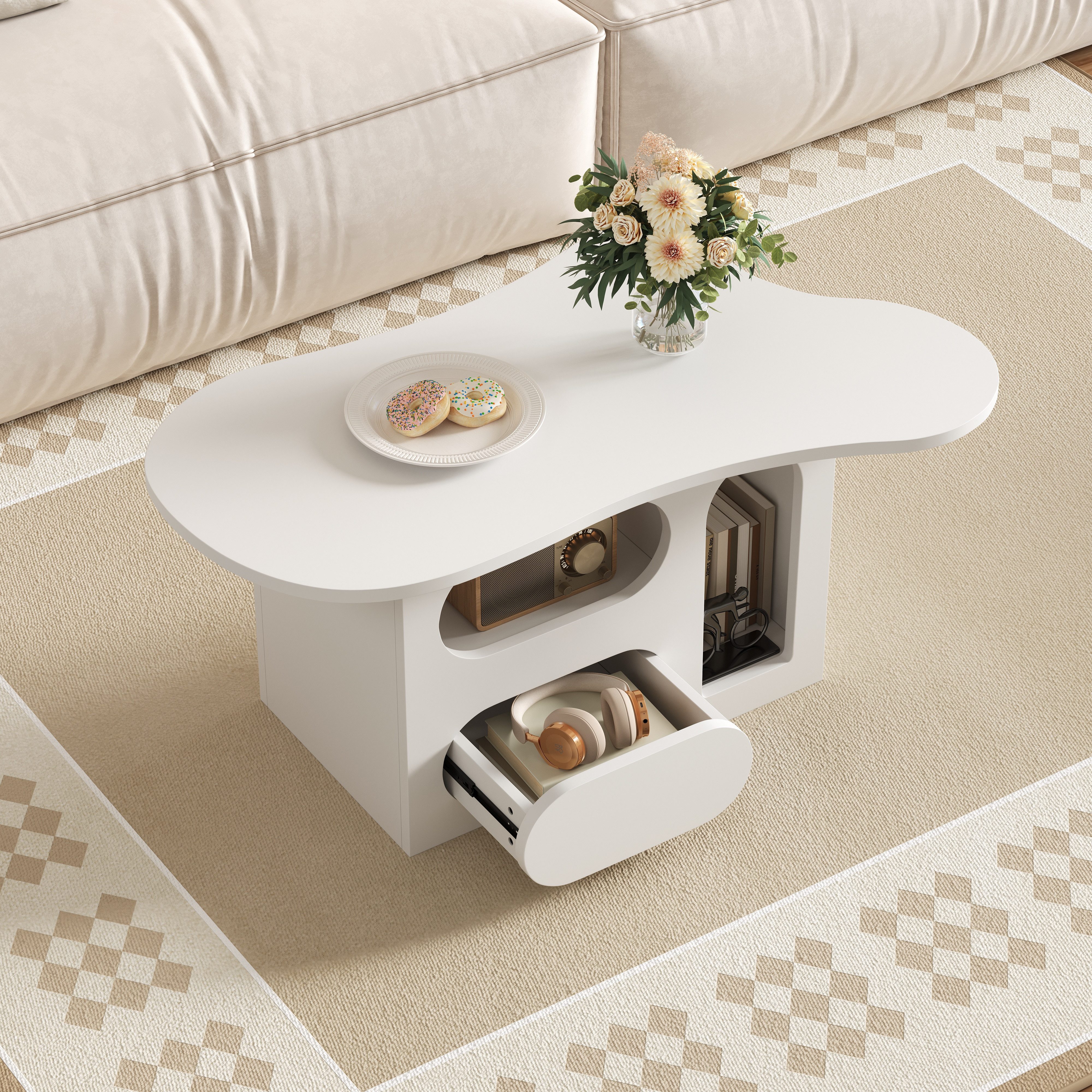 EXTSUD Couchtisch Wolkenförmiger Couchtisch mit Schubladen & Ablage, 97×45×43,5 cm, Weiß, mit offenen Ablagefächern, hochwertige Materialien. 97*45*43,5cm