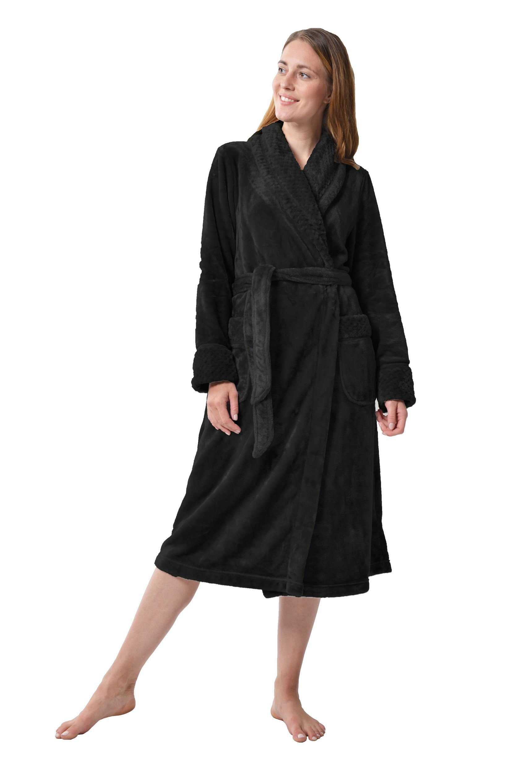 Damen, Flausch Homewear Morgenmantel für Hausmantel Coral Schwarz Bademantel Gütel, Fleece aus / Polyester, /Saunamantel luxuriösem / RAIKOU