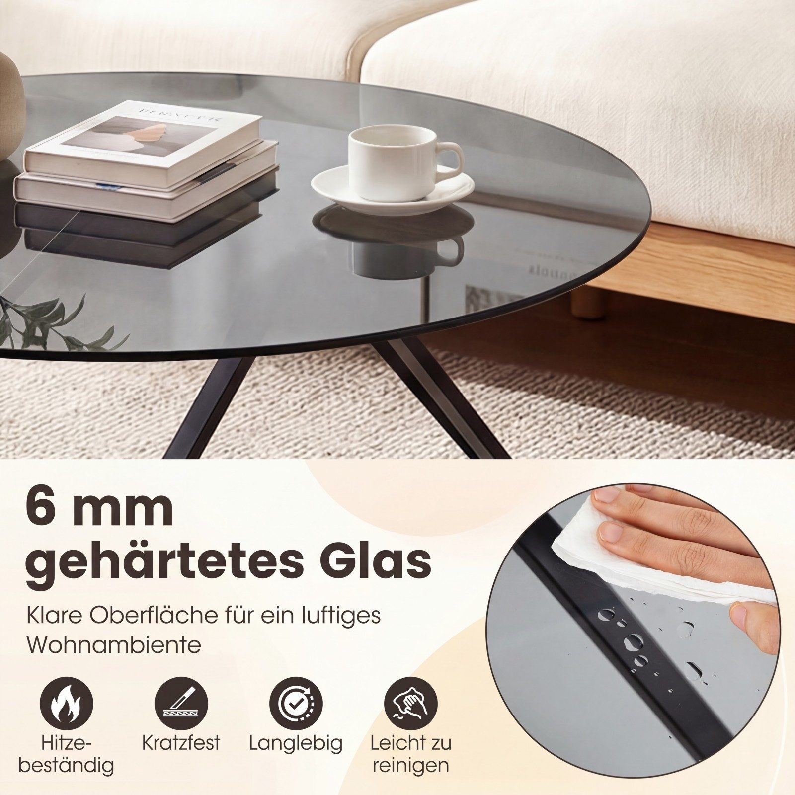 COSTWAY Couchtisch, rund Wohnzimmertisch aus gehärtetem Glas & Metallrahmen