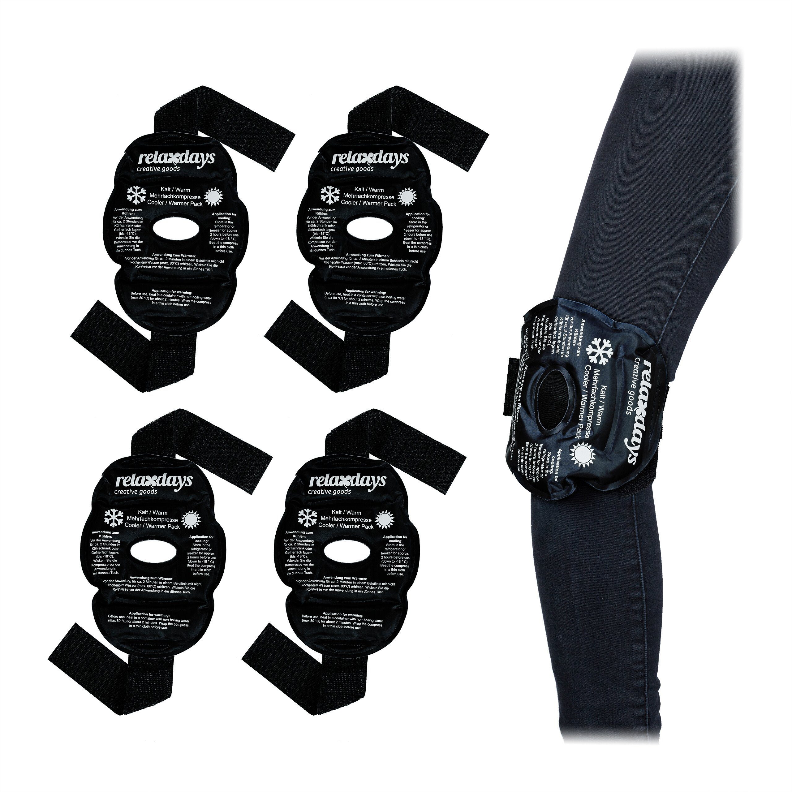 relaxdays Kalt-Warm-Kompresse 4er Set Knie Kühlpads in Schwarz, 4-tlg.
