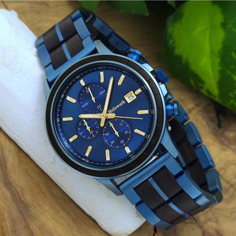 Chronograph schwarz, Uhr, blau, Holz Herren gold Armband Holzwerk BLAUSTEIN