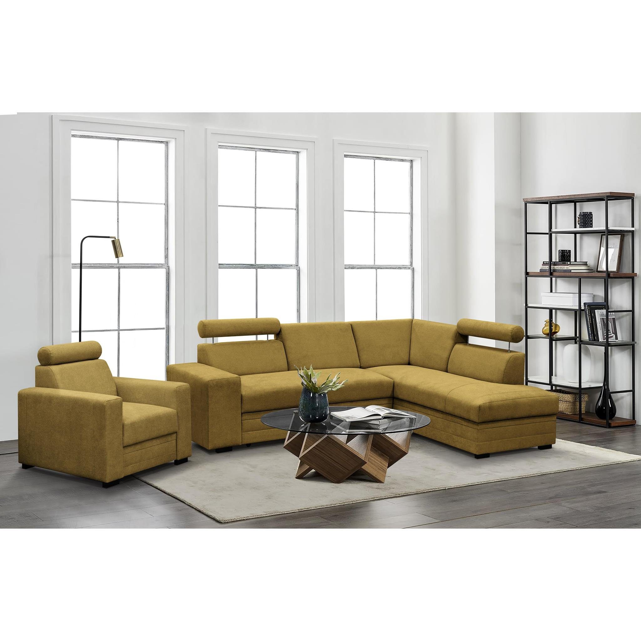 Beautysofa Polstergarnitur Roma, (modernes Set Eckgarnitur mit Sessel, Schlaffunktion, Bettkasten, verstellbare Kopfstützen), gepolstertes Ecksofa mit Sessel aus Bonnell-Federn für Wohnzimmer Gelb (vardo 68)