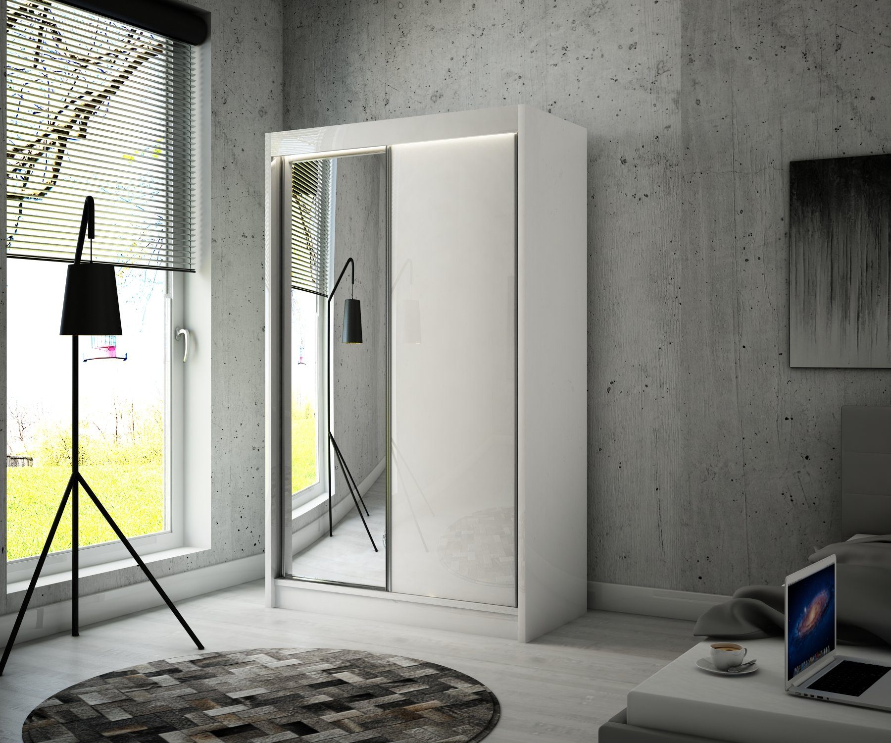 Beautysofa moderner Hochglanz Regale, Spiegelschrank (Kleiderstange, Möbelglas, Kleiderschrank zweitüriger Spiegel) + Velen mit weißes Weiß Schiebtürenschrank