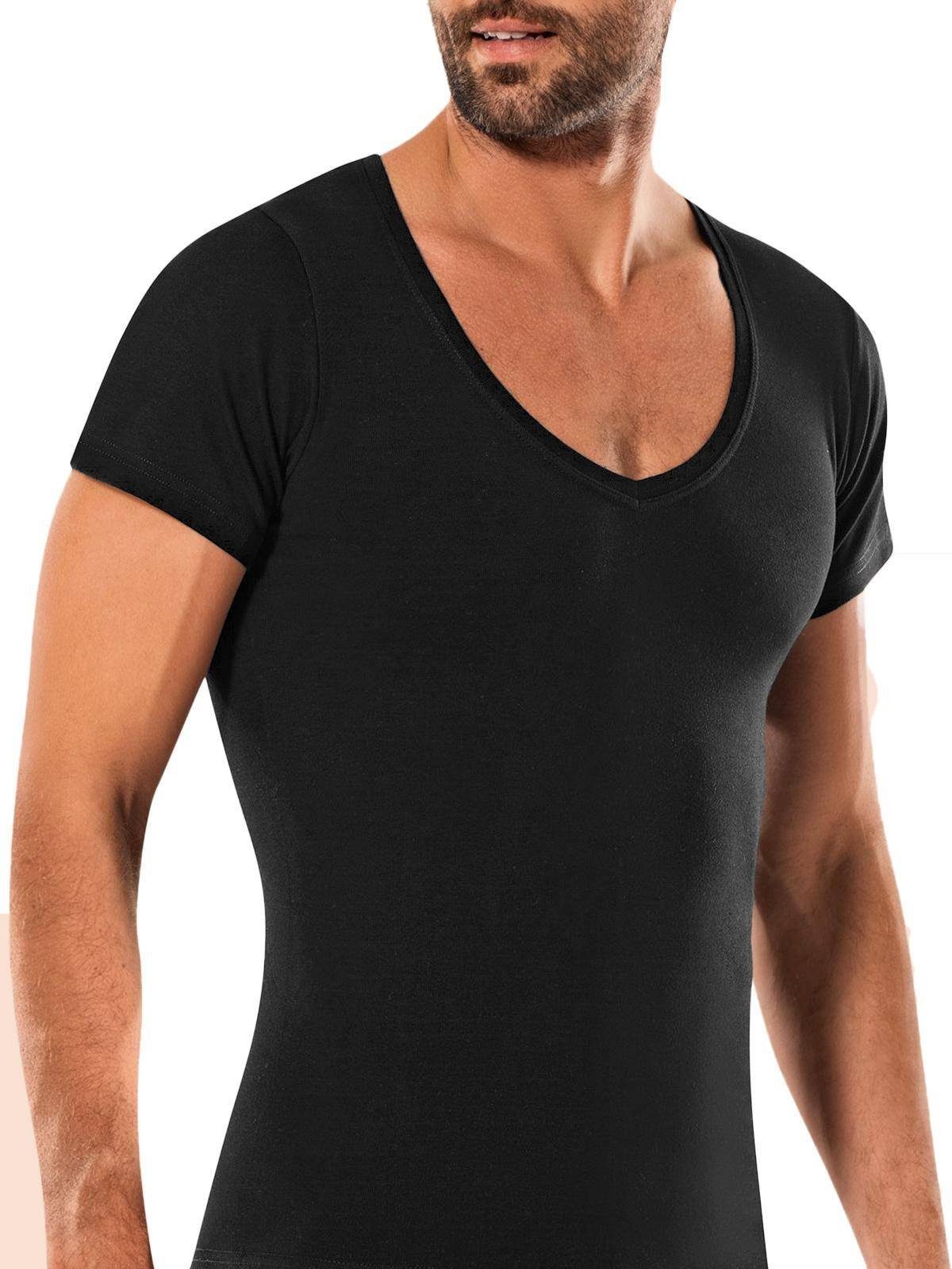 Fleyn Kurzarmshirt Deep V-Neck Jersey Bambus FLY601 Qualität Shirt Schwarz, aus Viskose
