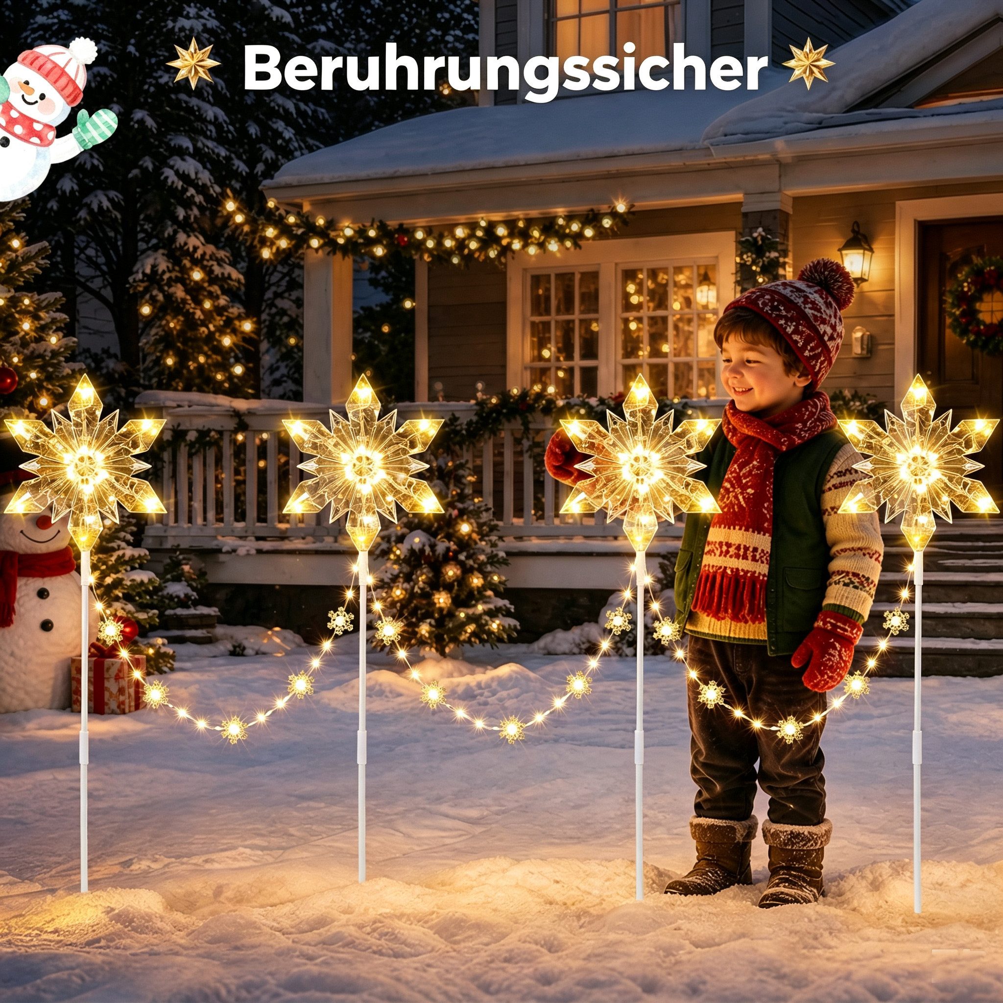 Quntis Lichterkette Weihnachtsdeko LED Sternlichter 4er Set mit Erdspieß und Timerfunktion, Farbwechsel Warmweiß mit 8 Modi für Garten Schneeflocken-Steckleucht – Bild 4 von 5