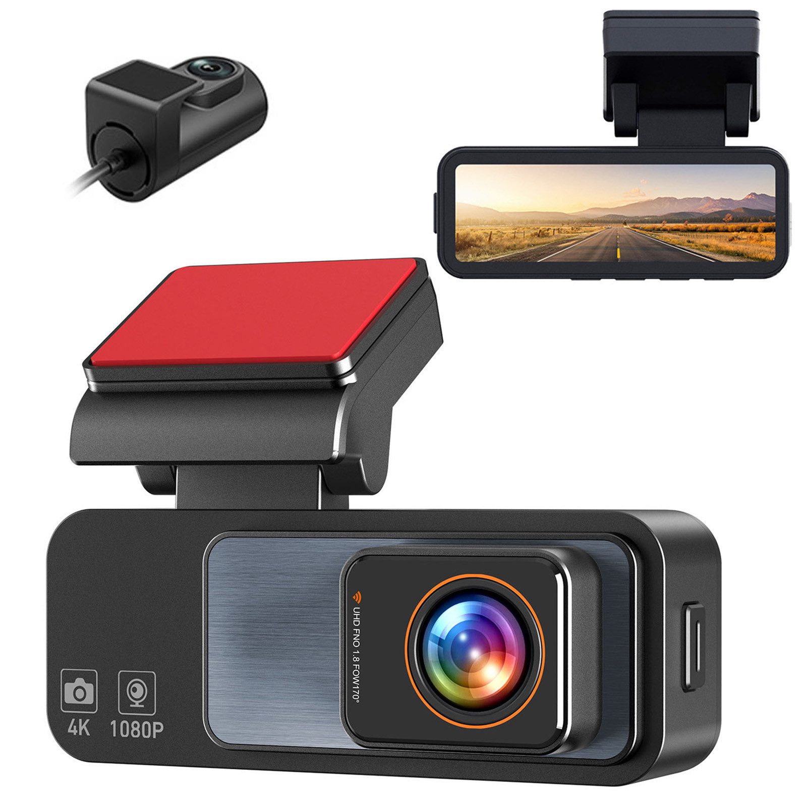 MODFU Dashcam mit WLAN und Rückkamera Ultra HD Dash Cam KFZ Kamera Dashcam (4K+1080P, WLAN (Wi-Fi), 170° Weitwinkel Frontkamera FHD Rückkamera G-Sensor Nachtsicht, Bewegungserkennung und Loop-Aufnahme Auto-Sicherheit für Auto SUV LKW)