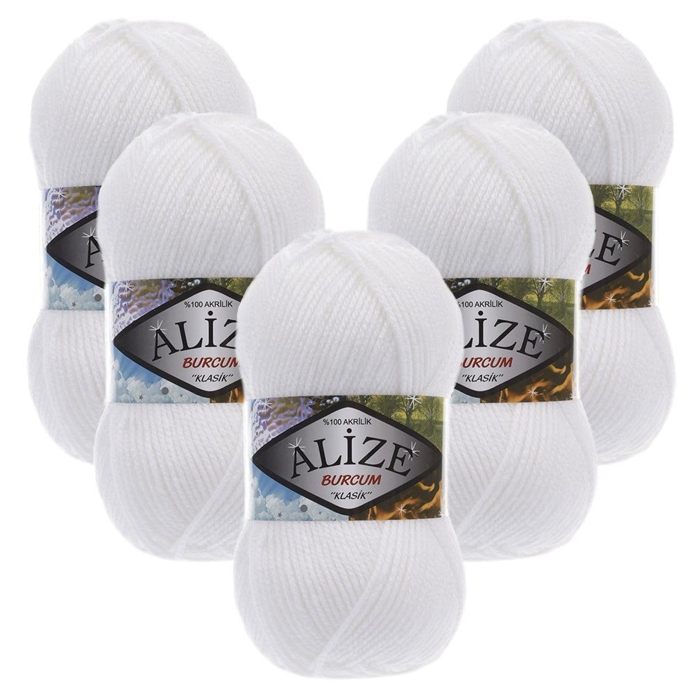Alize 5 x ALIZE Burcum 55 White Häkelwolle, 210 m, Acrylgarn,Handstrickgarn,100% Acryl, Strickwolle
