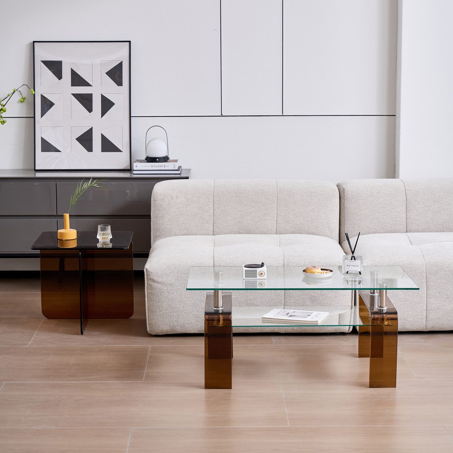 ANYSUN Couchtisch Beistelltisch,Moderner Couchtisch aus Glas, (Couchtisch aus klarem Sicherheitsglas), mit zwei Ebenen für das Wohnzimmer,stilvoller Beistelltisch