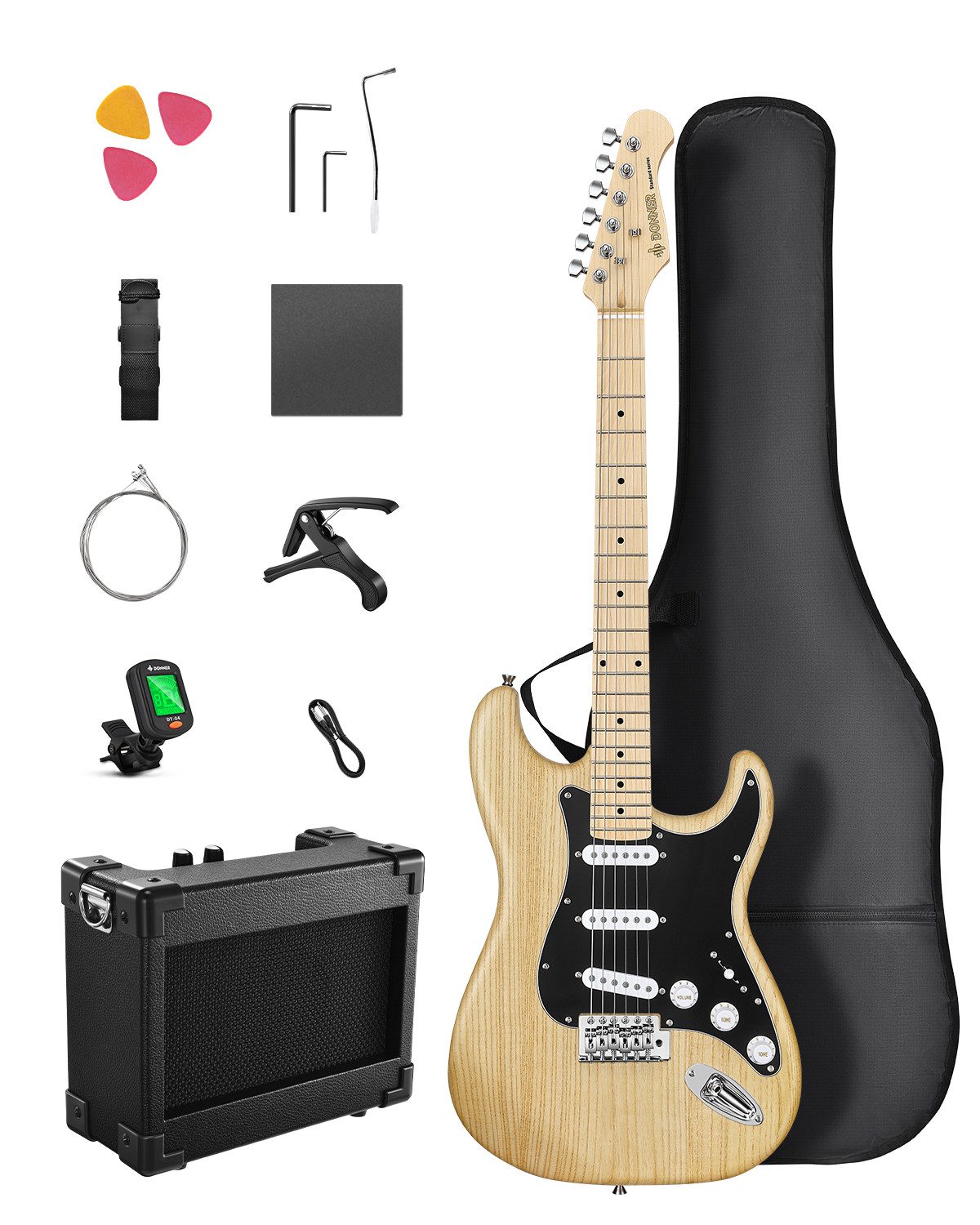 Donner E-Gitarre E-Gitarre Set Holzmaserung SSS-Tonabnehmer Umfassen Verstärker DST-80, Ergonomischem Design, Gig Bag, Stimmgerät, Riemen, Pleks, Kabel, Verstärker