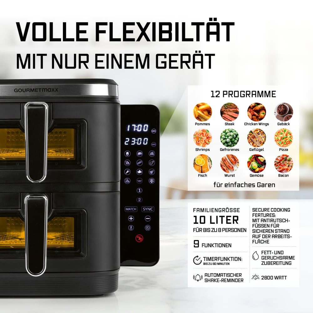 GOURMETmaxx Heißluftfritteuse FryUp Vertikale Doppelkammer-Heißluftfritteuse, 10 l - Touchscreen, Sichtfenster, 2800 W, Power von 2 Fritteusen in einem mit Sichtfenster 12 Programme