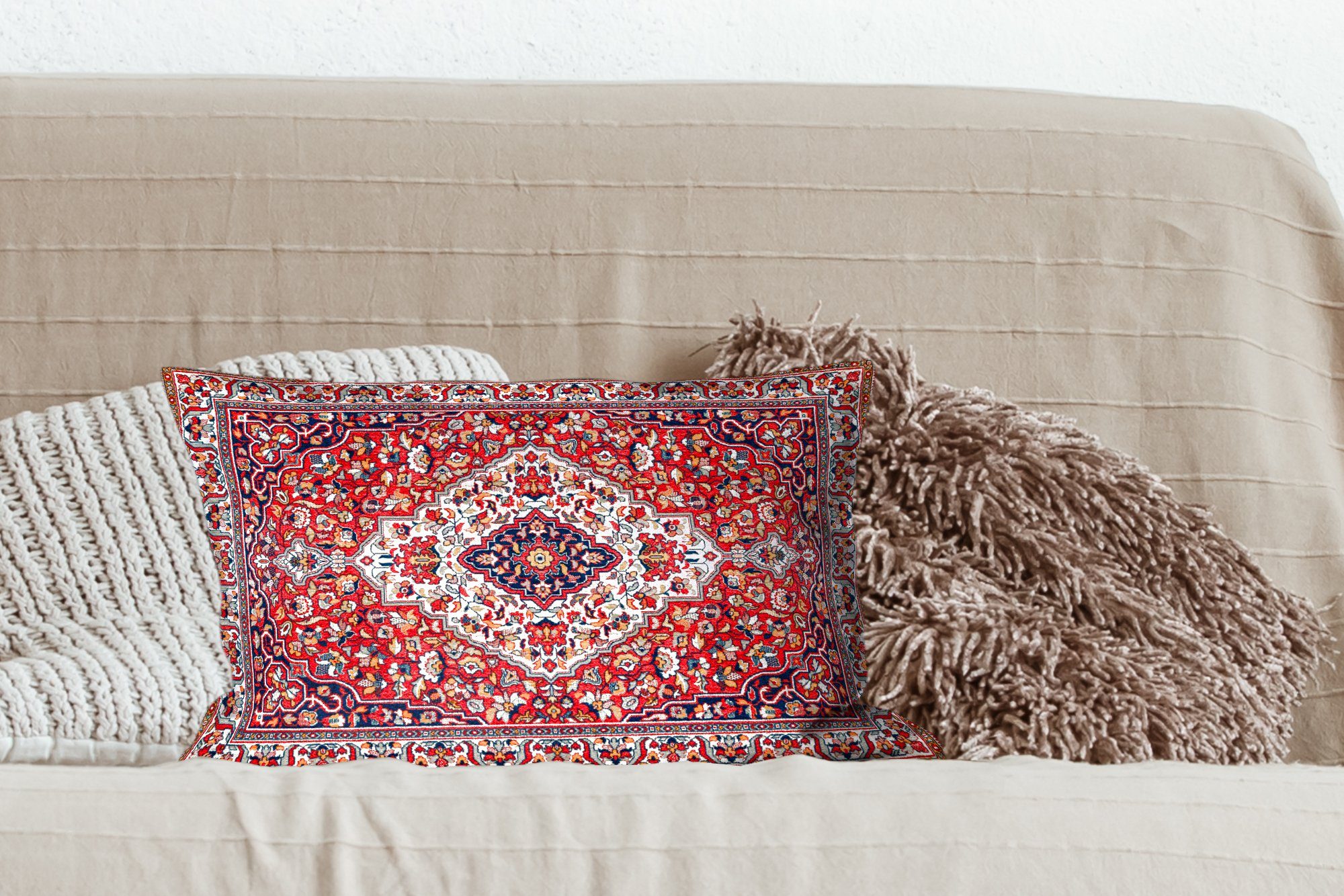 Teppiche Dekokissen mit - Rot, - Dekoration, Schlafzimmer - Persische Füllung, Zierkissen, Dekokissen MuchoWow Teppiche Muster Wohzimmer