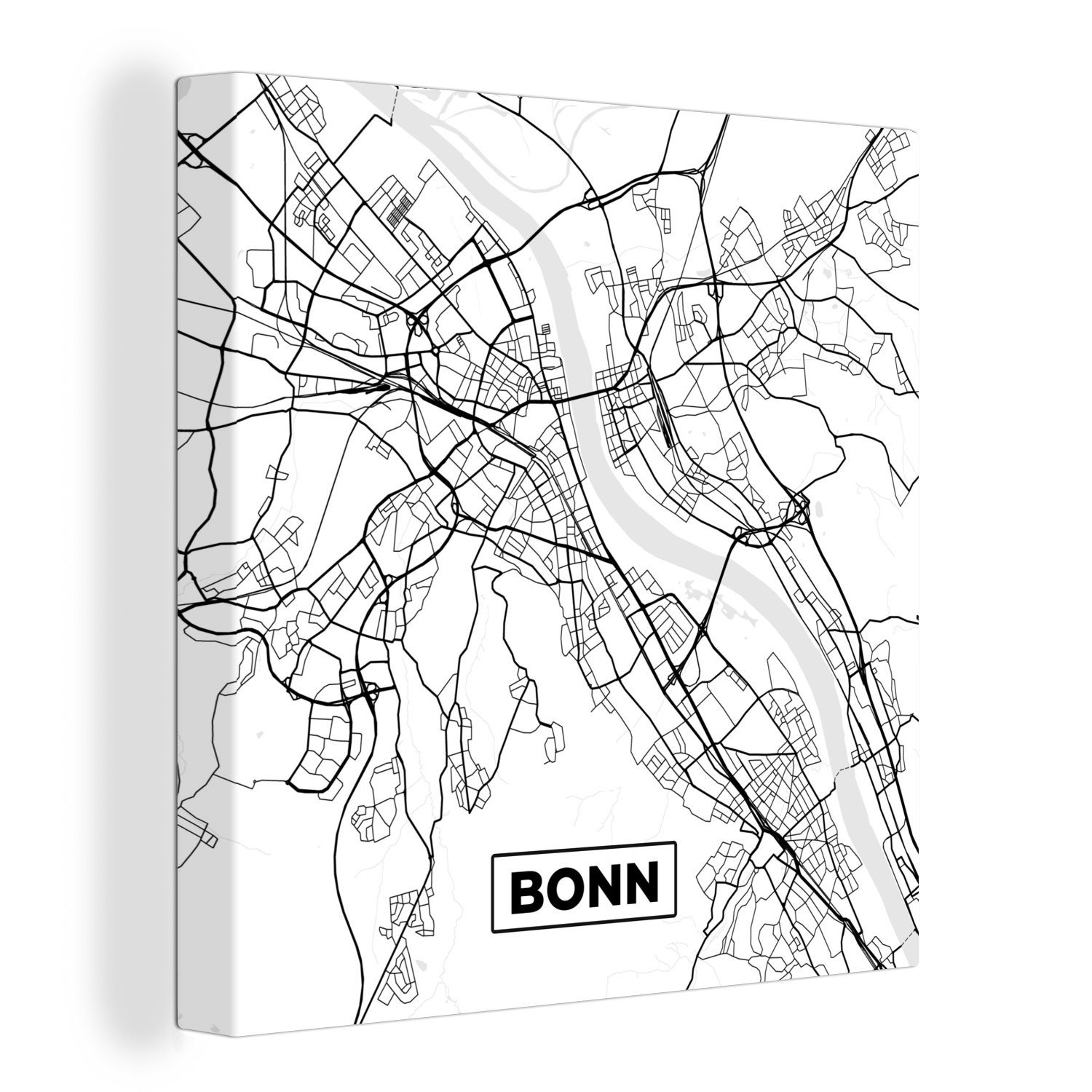 OneMillionCanvasses® Leinwandbild Karte - Bonn - Stadtplan, (1 St), Leinwand Bilder für Wohnzimmer Schlafzimmer