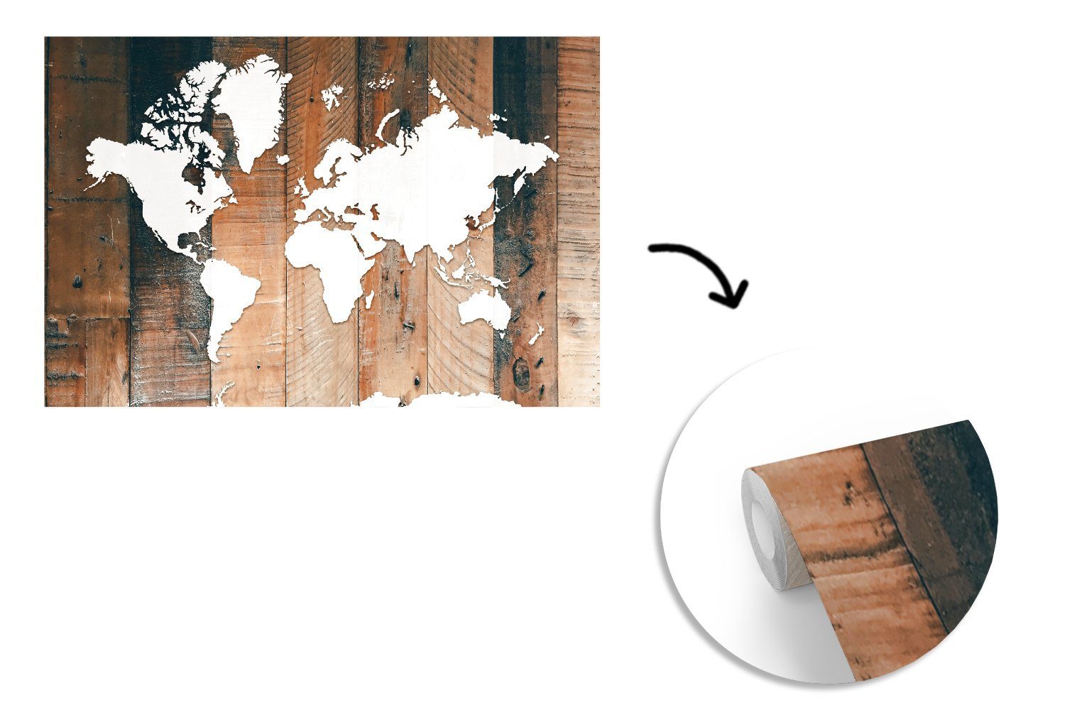 MuchoWow Fototapete »Weltkarte - Holz - Weiß«, Matt, bedruckt, (Packung, 6  St., 6 Rolle), Fototapete für Wohnzimmer oder Schlafzimmer Wandtapete Vinyl